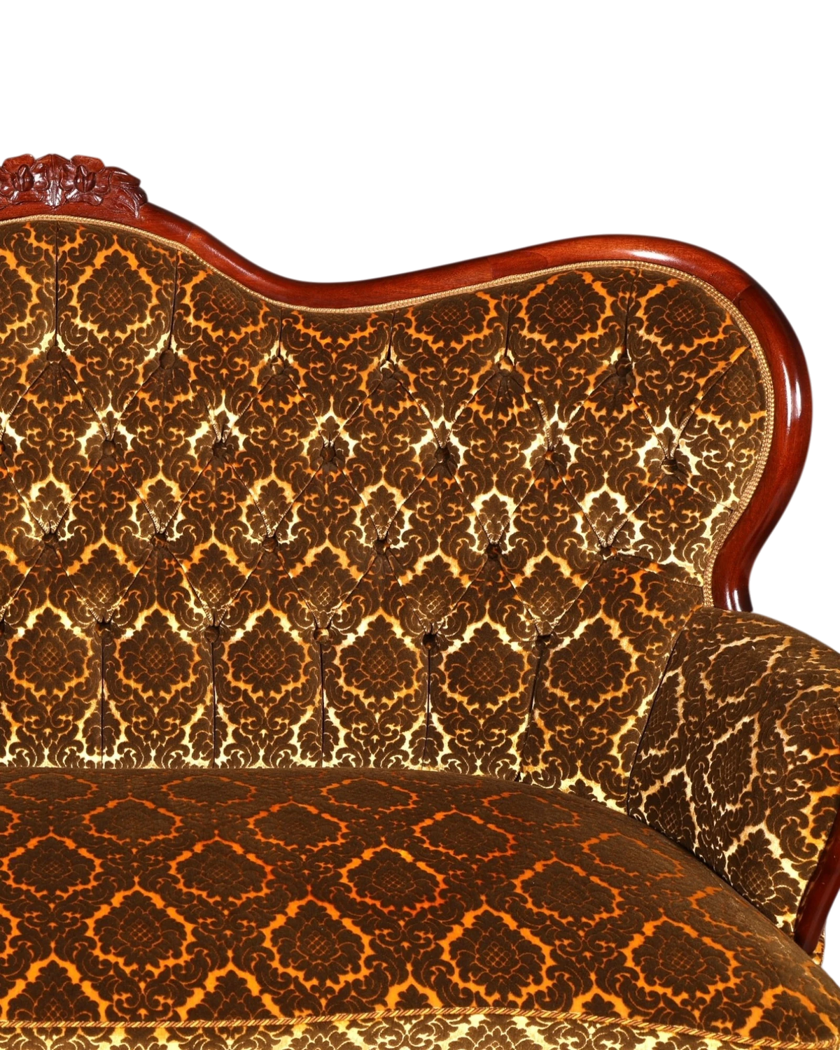 Hauptstadt Möblerei Sofa mit braunem Damaststoff und aufwendigem Holzrahmen im antiken Stil