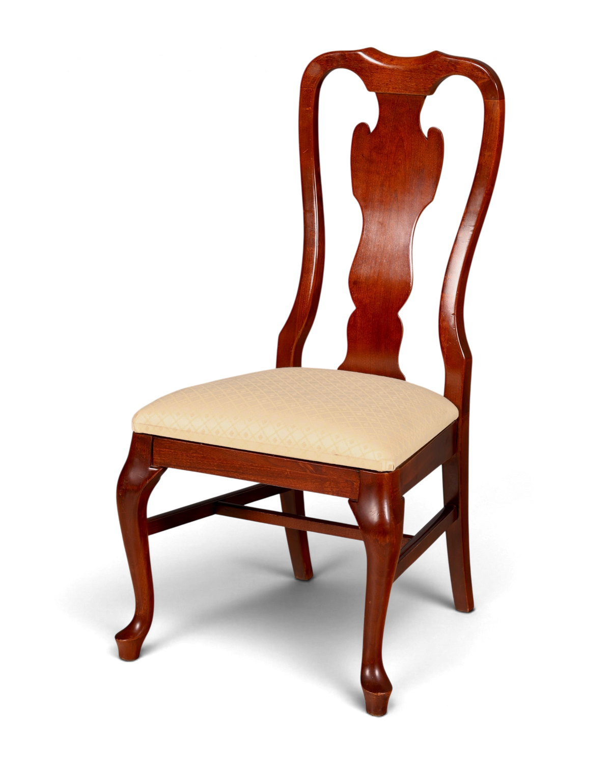 Hauptstadt Möblerei Drexel Heritage Chippendale Stuhl aus dunklem Holz mit beigem, gemustertem Polstersitz