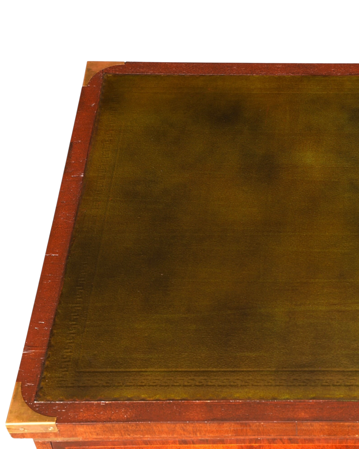 Hauptstadt Möblerei Schreibtisch im Military Chest Stil mit grüner Echtlederauflage und Messingbeschlägen
