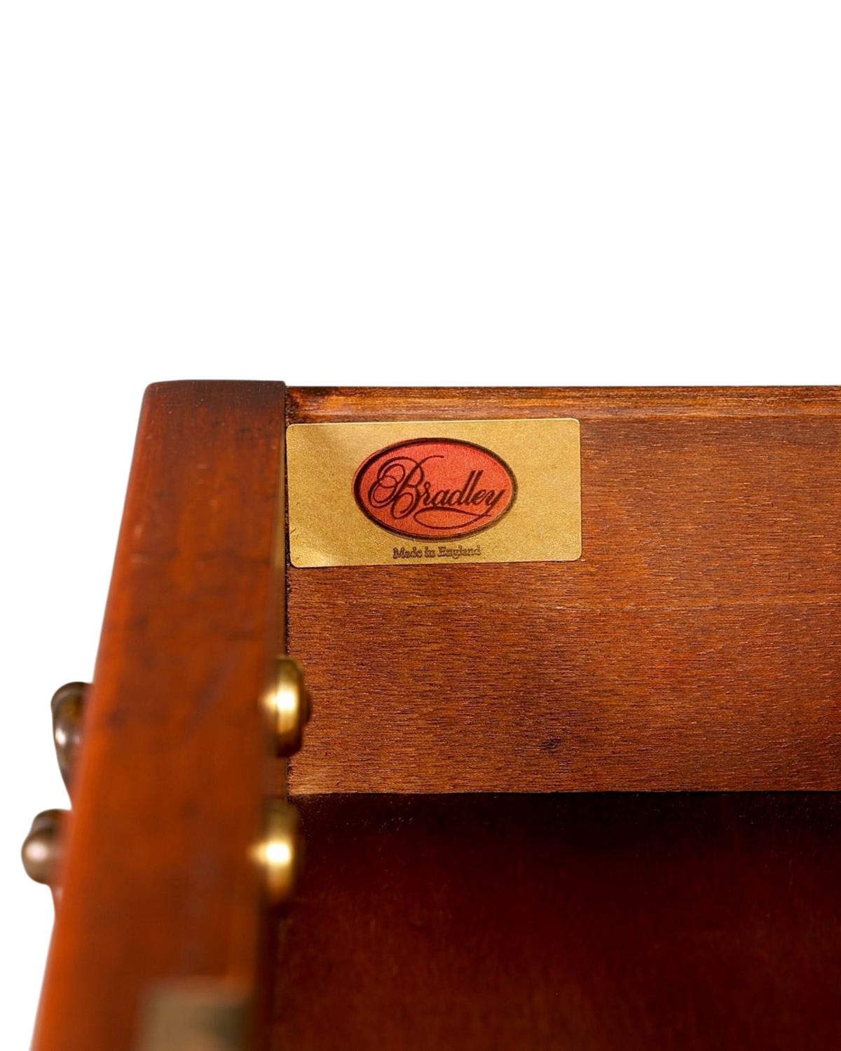Hauptstadt Möblerei Bradley Mahagoni Sekretär Schubladen-Detail mit goldenem Herstellerschild Made in England