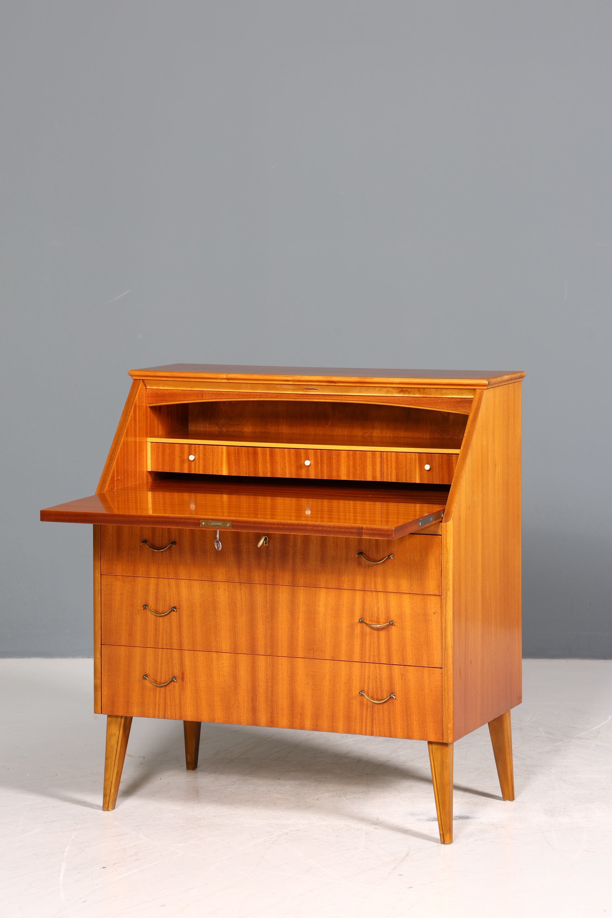 Schlichter Mid Century Sekretär Vintage Schreibmöbel echt Holz Kommode Office Secretary