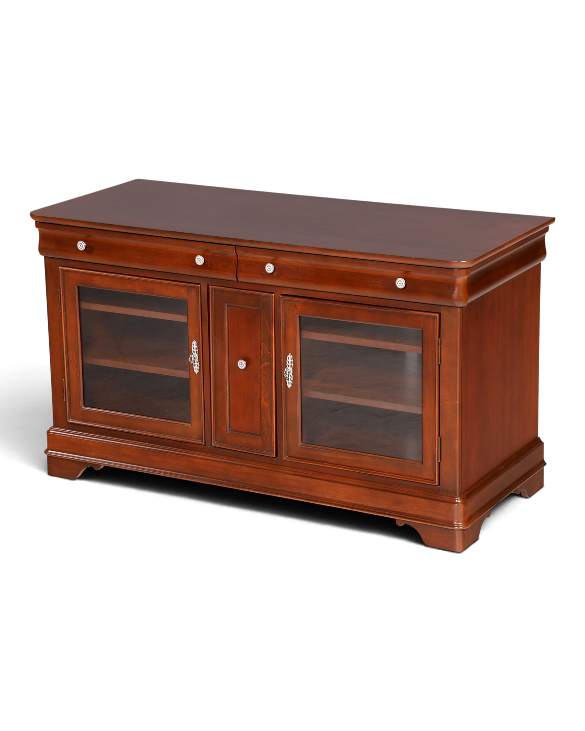 Hauptstadt Möblerei Sideboard aus dunklem Holz mit zwei Glastüren, Schubladen und dekorativen silbernen Griffen