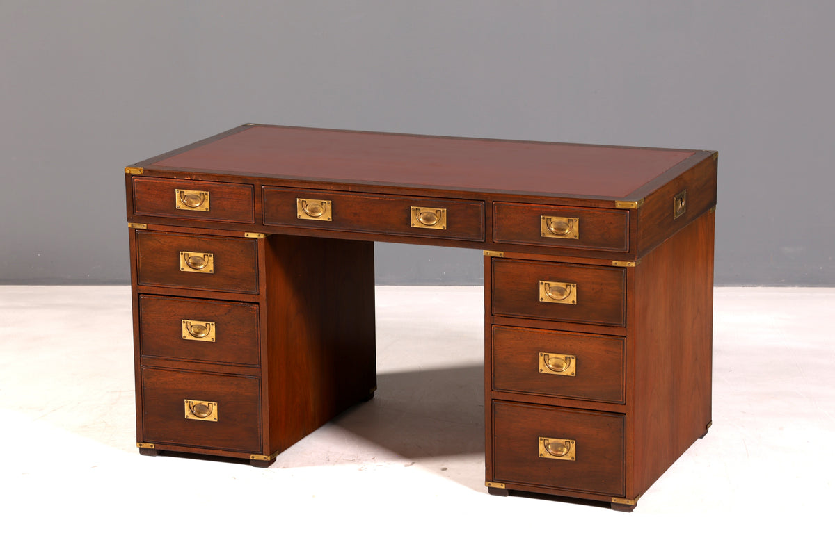 Edler Maritimer Schreibtisch Englischer Military Chest Bürotisch Office Table echt Lederauflage