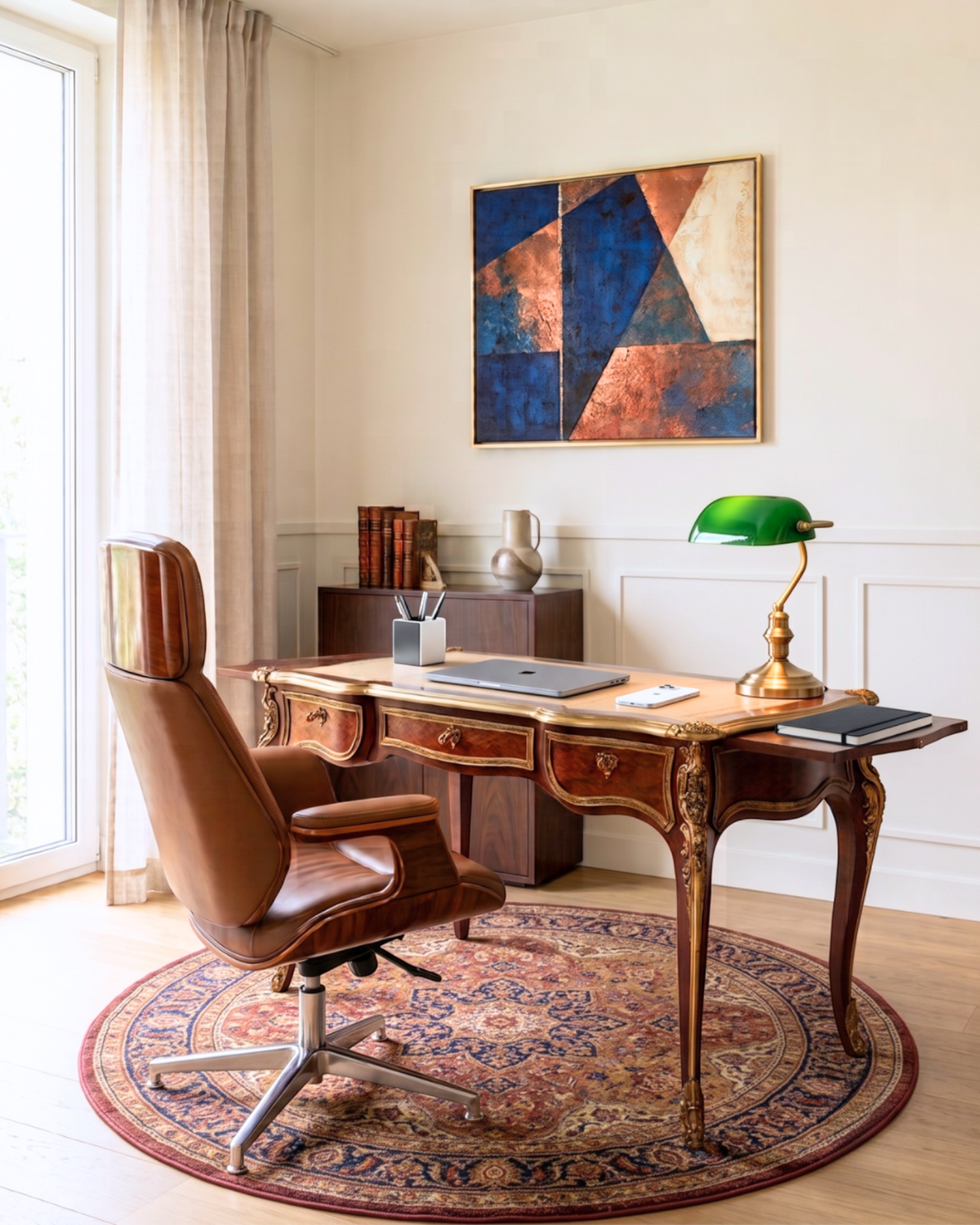 Hauptstadt Möblerei antiker Louis XV Bureau Plat Schreibtisch aus Holz mit brauner Lederauflage und Messingbeschlägen