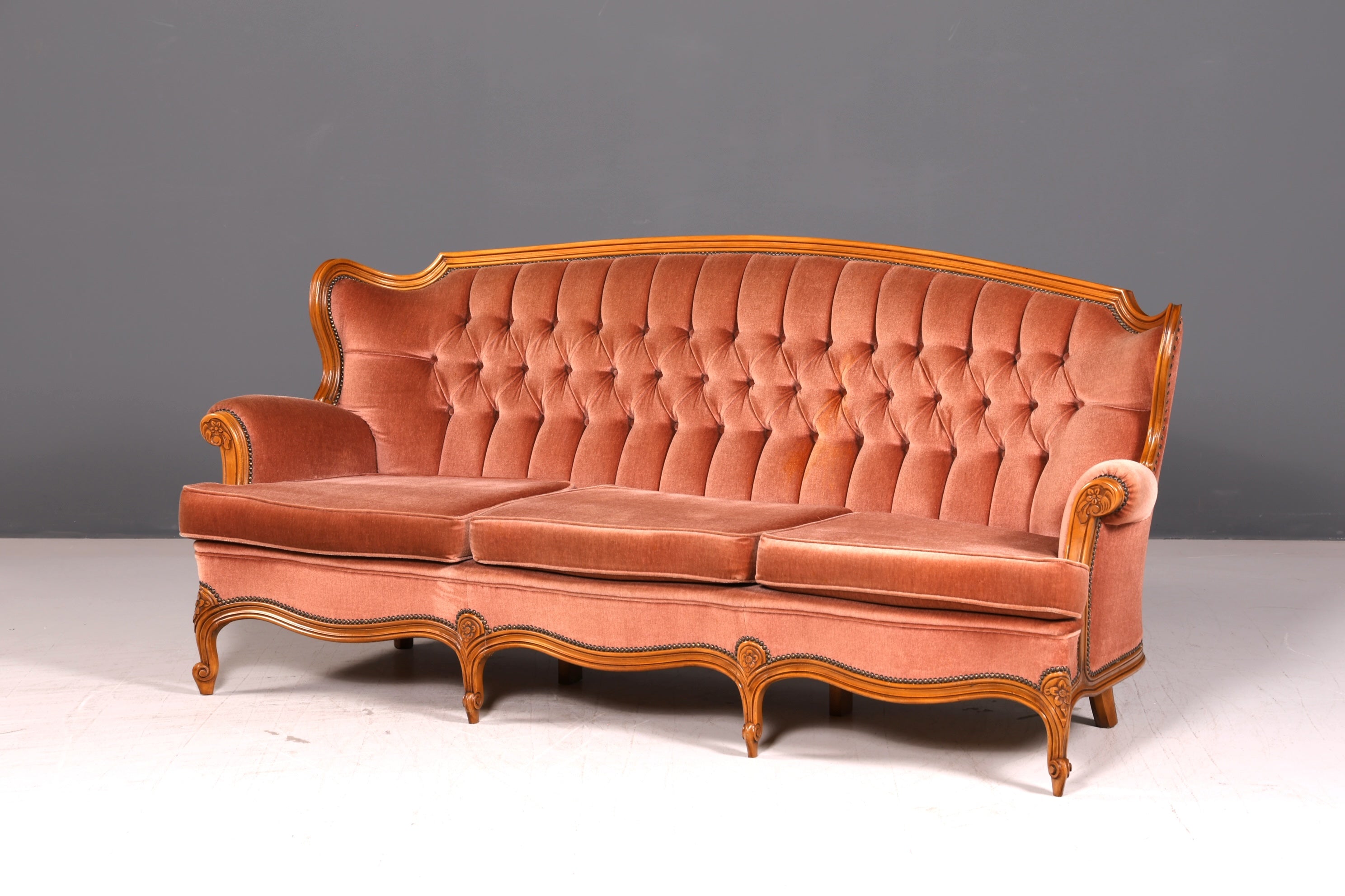 Edles Chippendale Sofa Barock Stil Samt Stoff Couch 3-Sitzer Rococo Antik Polstersofa