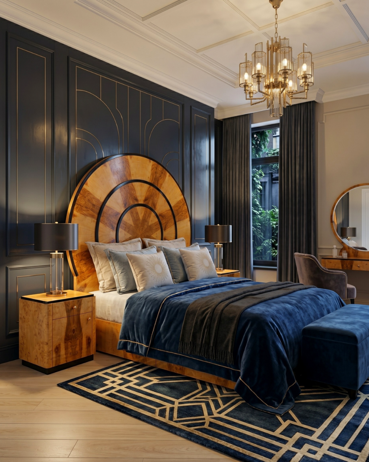 Hauptstadt Möblerei Art Deco Doppelbett Sun aus massivem Birkenholz mit rundem Kopfteil in elegantem Schlafzimmer