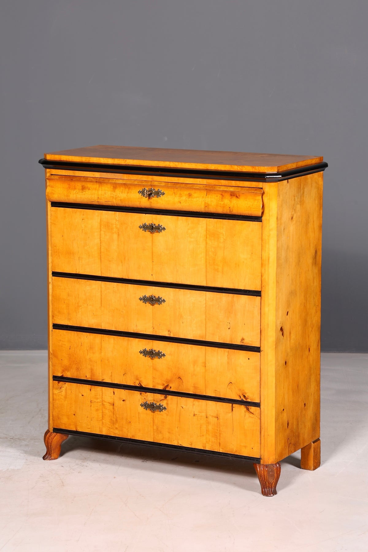Magnifique commode Biedermeier ancienne en bouleau, vertiko, commode à tiroirs, vers 1850, bois massif