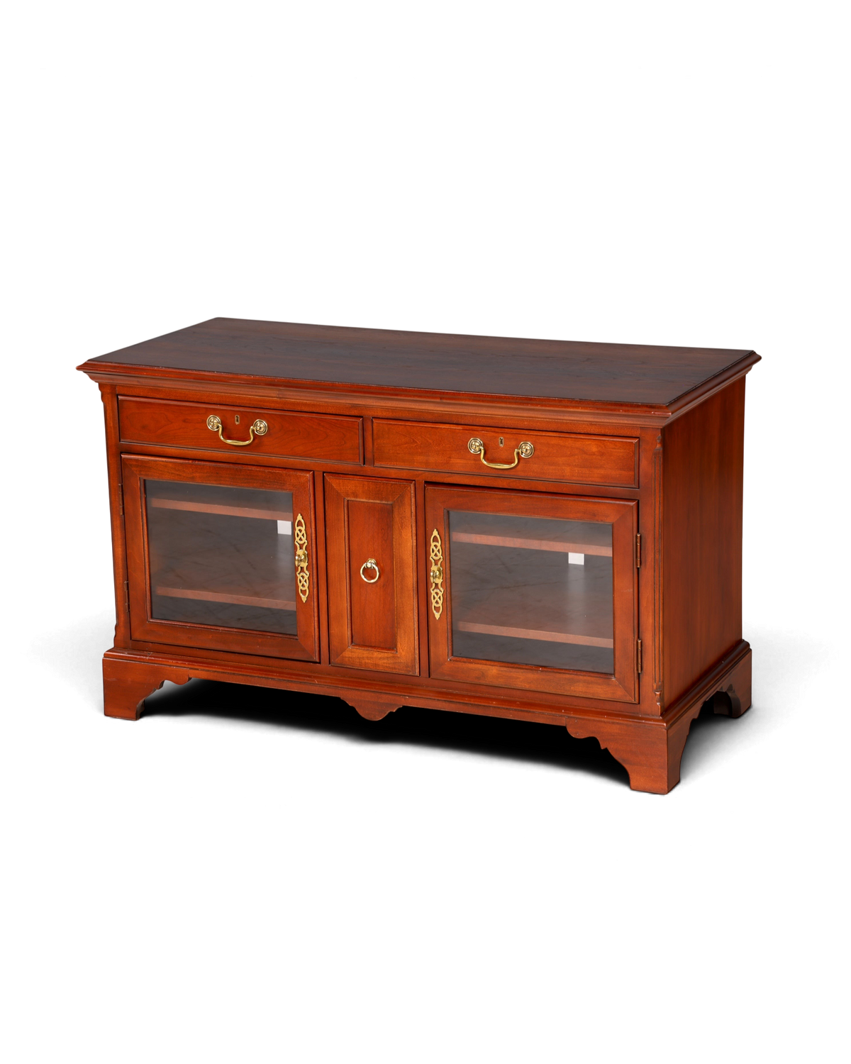 Hauptstadt Möblerei Sideboard aus dunkelbraunem Holz mit zwei Schubladen, Glastüren und goldenen Beschlägen