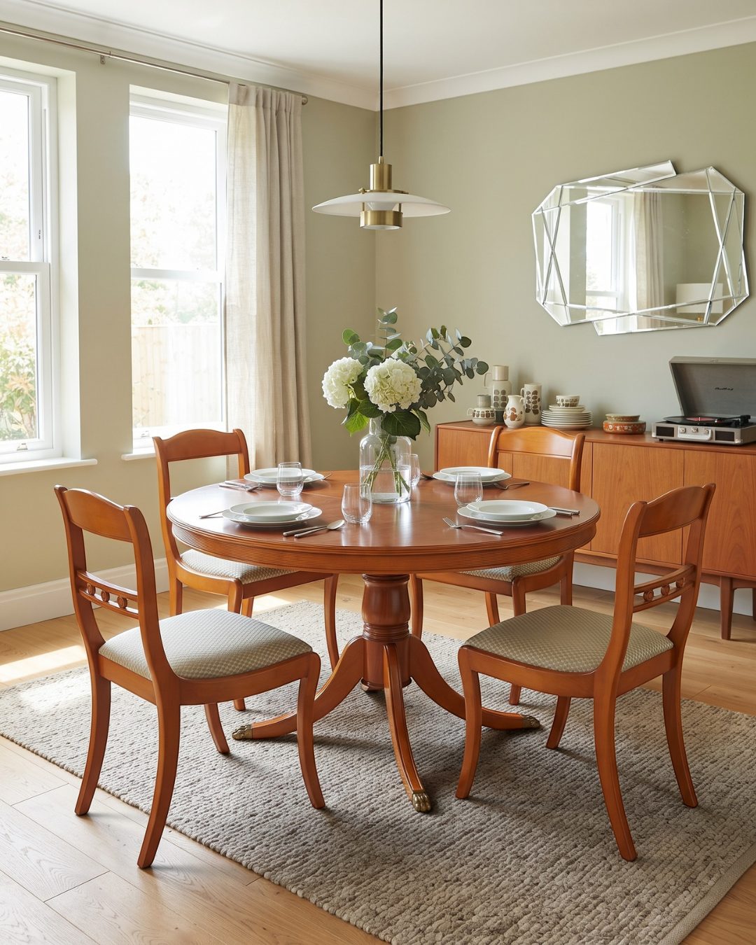 Hauptstadt Möblerei yuvarlak, açılabilir İngiliz tarzı ebe ağacı kaplama yemek masası ve dört ahşap sandalye.