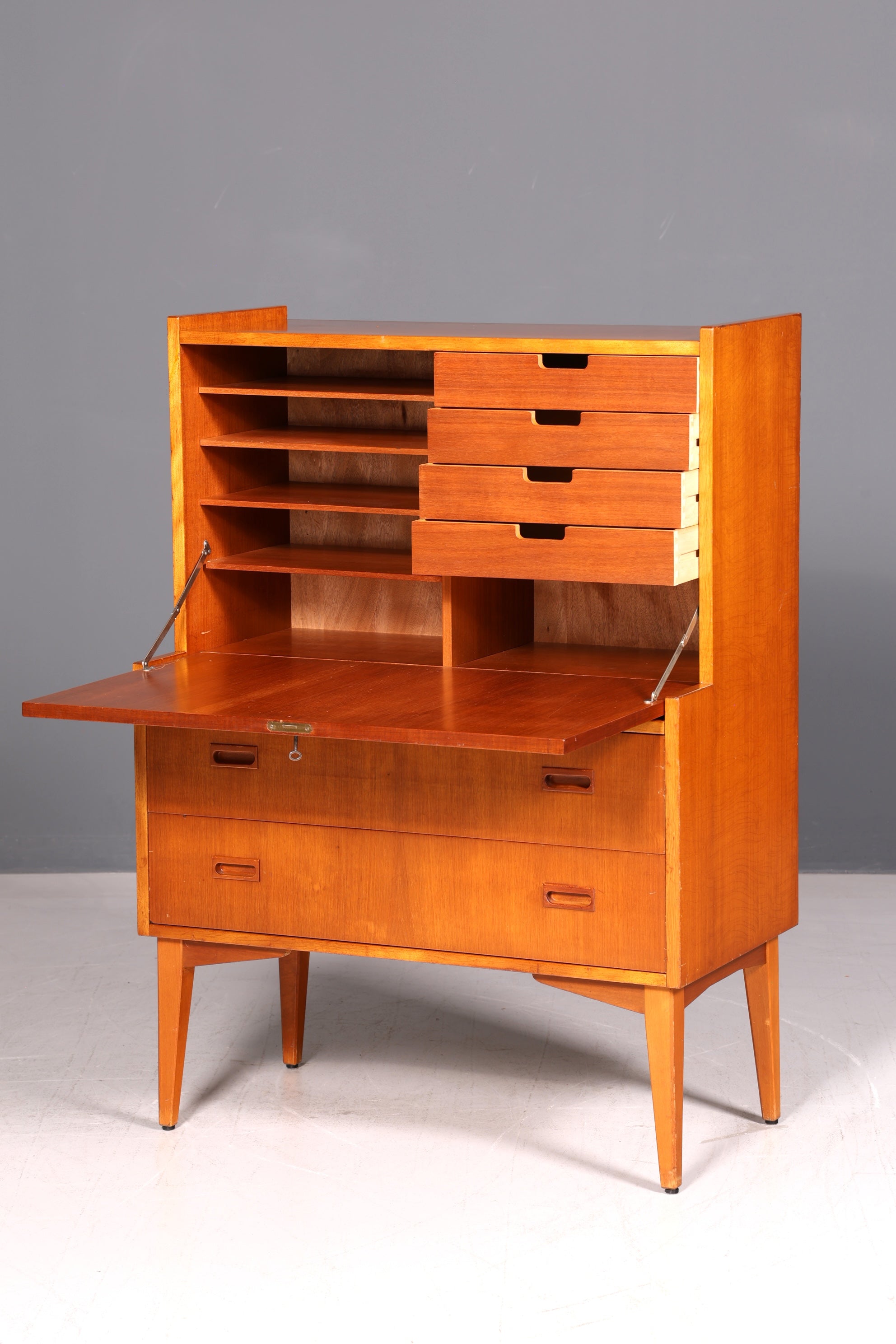 Schlichter Mid Century Sekretär Teak Vintage Schreibmöbel Kommode Office Secretary Retro 60er Schreibsekretär Skandinavisch