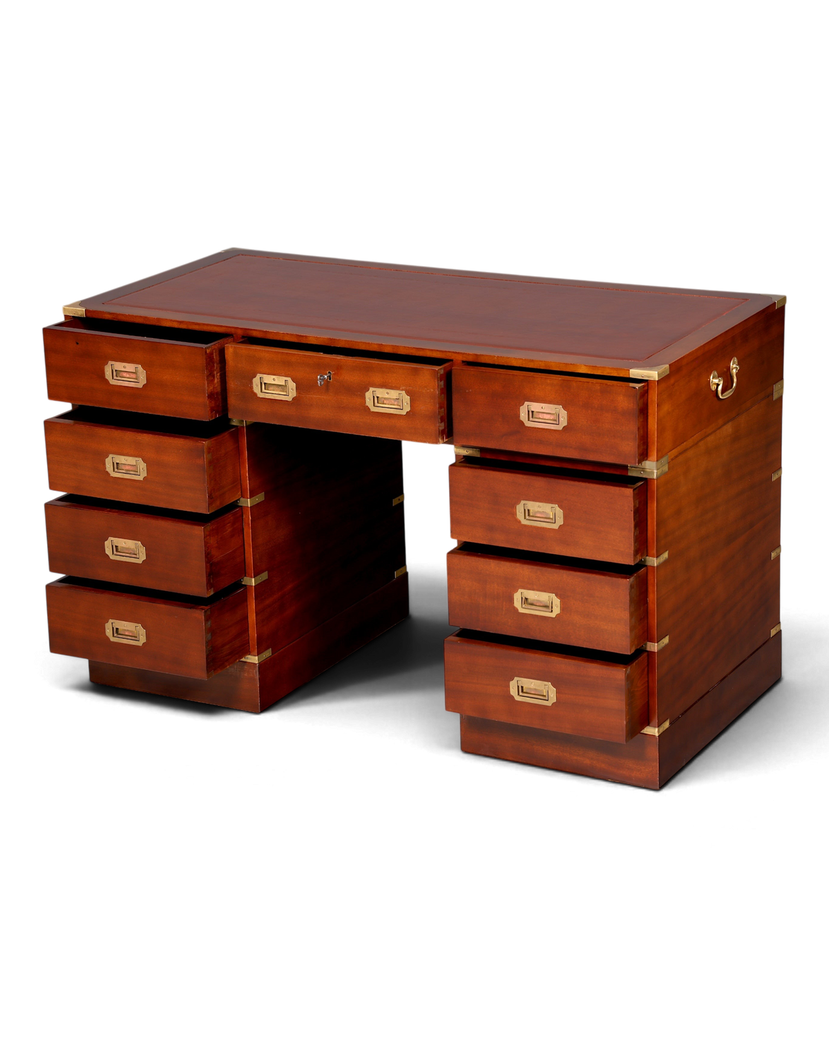 Hauptstadt Möblerei maritimer Military Chest Schreibtisch aus Holz mit Lederauflage und Messingbeschlägen