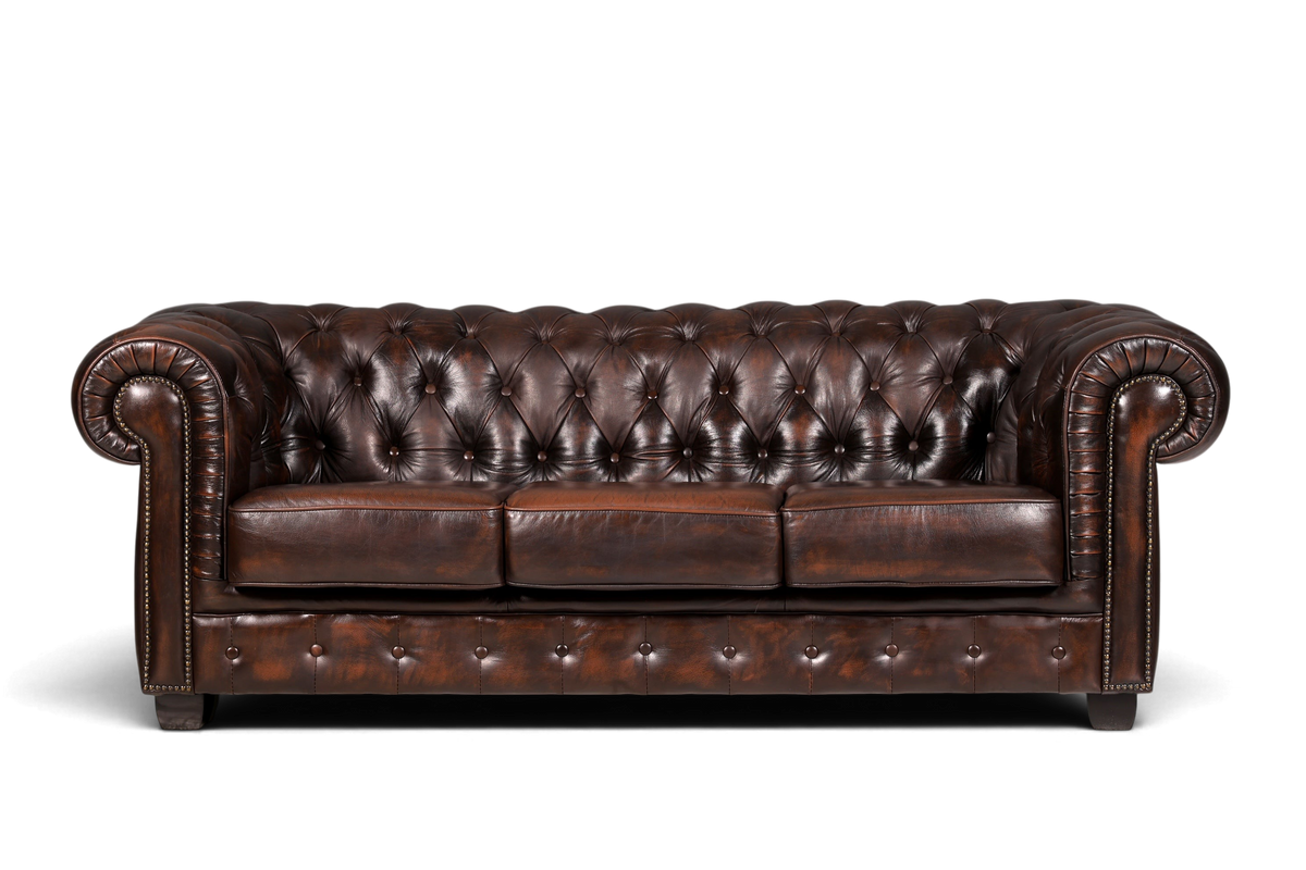 Hauptstadt Möblerei 3-Sitzer Chesterfield Sofa aus braunem Echtleder mit klassischer Knopfheftung und Ziernägeln