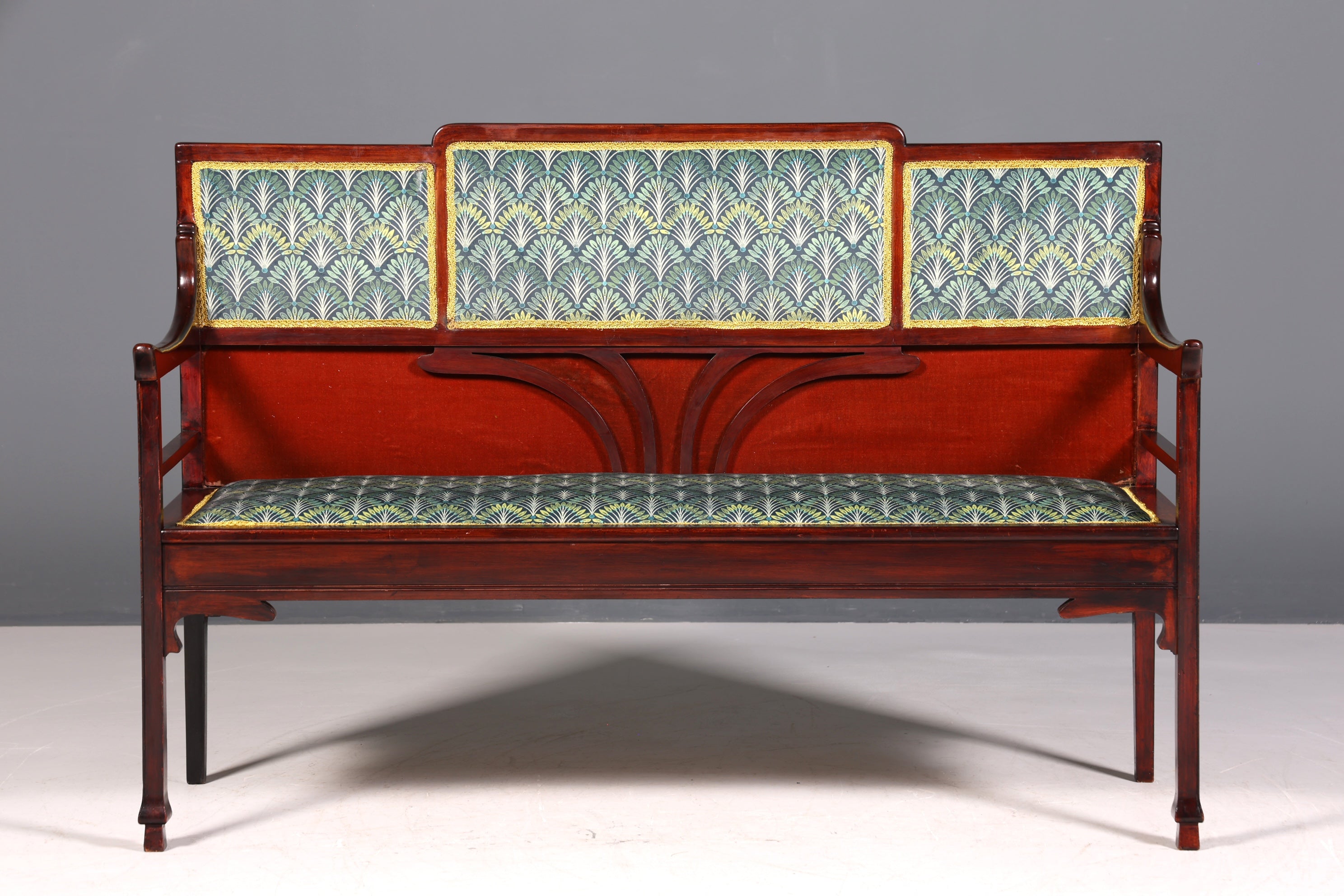 Magnifique banc Art nouveau, banc ancien, canapé en bois, banc capitonné, banc en bois