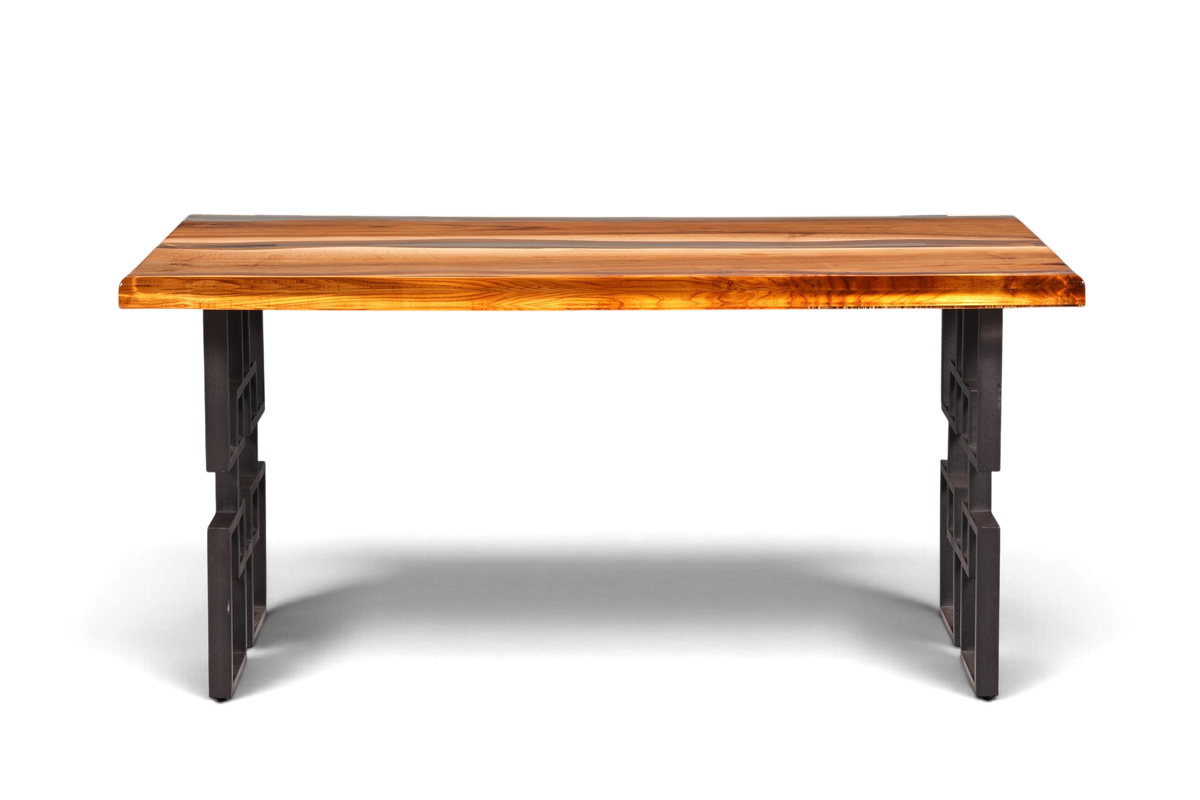 Hauptstadt Möblerei Esstisch aus massivem Nussbaumholz mit klarem Epoxidharz River Table Design und schwarzen Metallbeinen