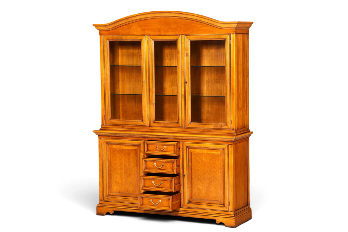 Hauptstadt Möblerei Selva Vitrine aus Kirschholz im Antik-Stil mit Glastüren, Schubladen und höhenverstellbaren Böden