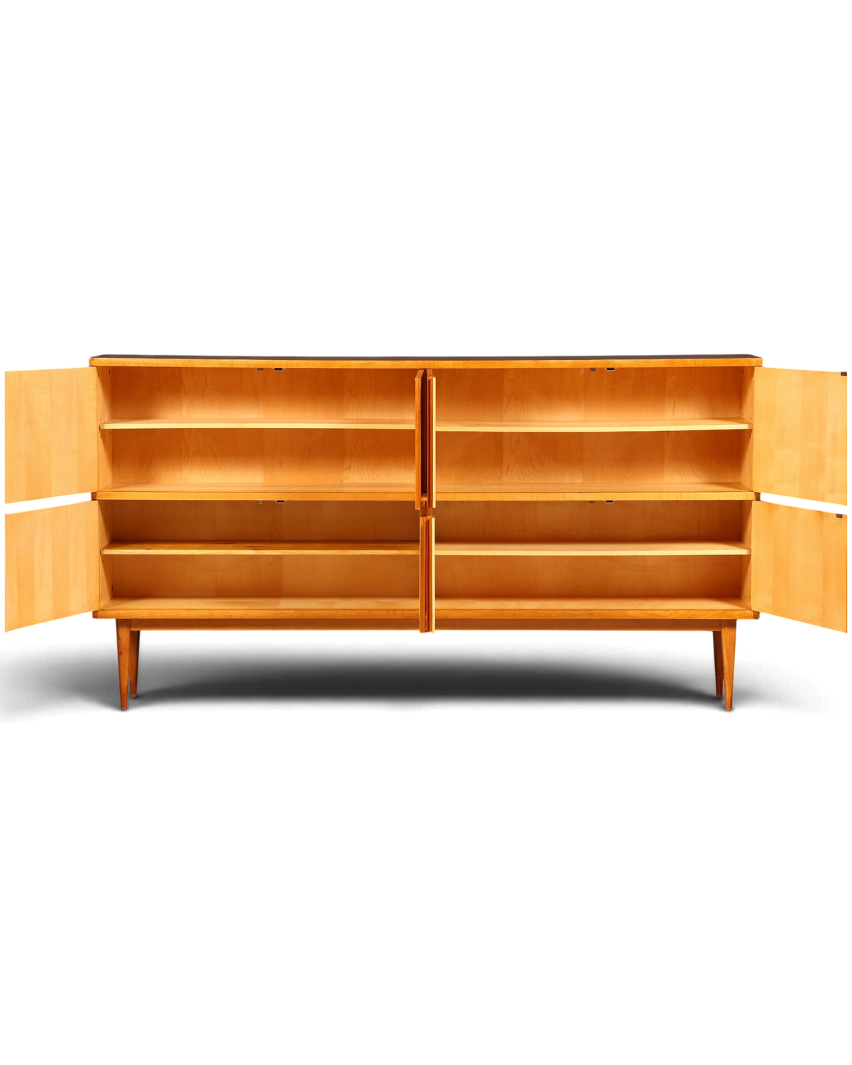 Hauptstadt Möblerei Mid Century Highboard aus hellem Holz mit acht offenen Türen und verstellbaren Einlegeböden