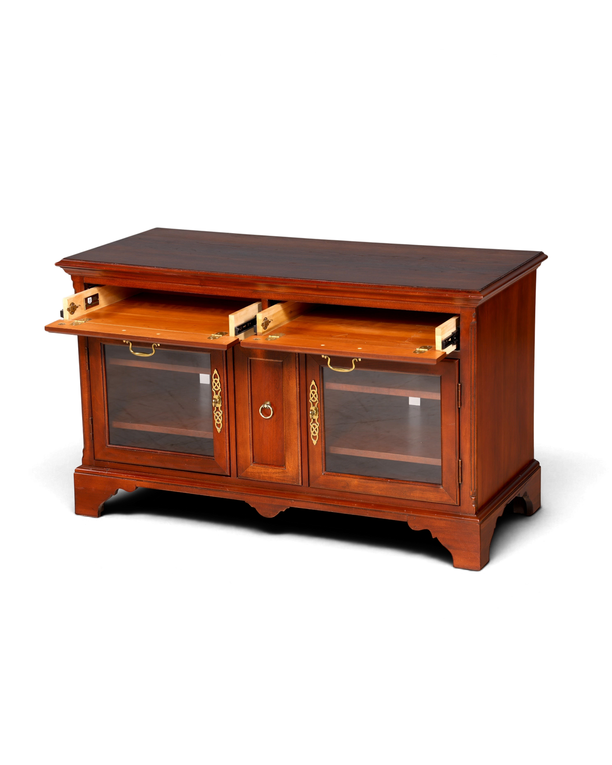 Hauptstadt Möblerei Sideboard aus dunklem Holz mit zwei Glastüren, Messingbeschlägen und ausziehbaren Schubladen