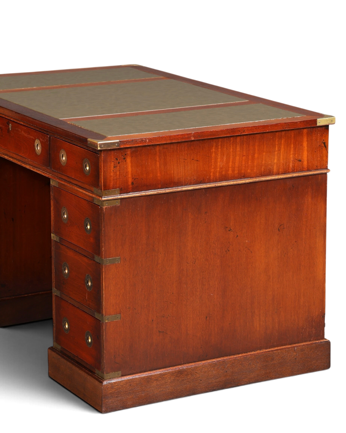 Hauptstadt Möblerei maritimer Schreibtisch aus Echtholz im Military-Chest-Stil mit Messingbeschlägen und Lederauflage