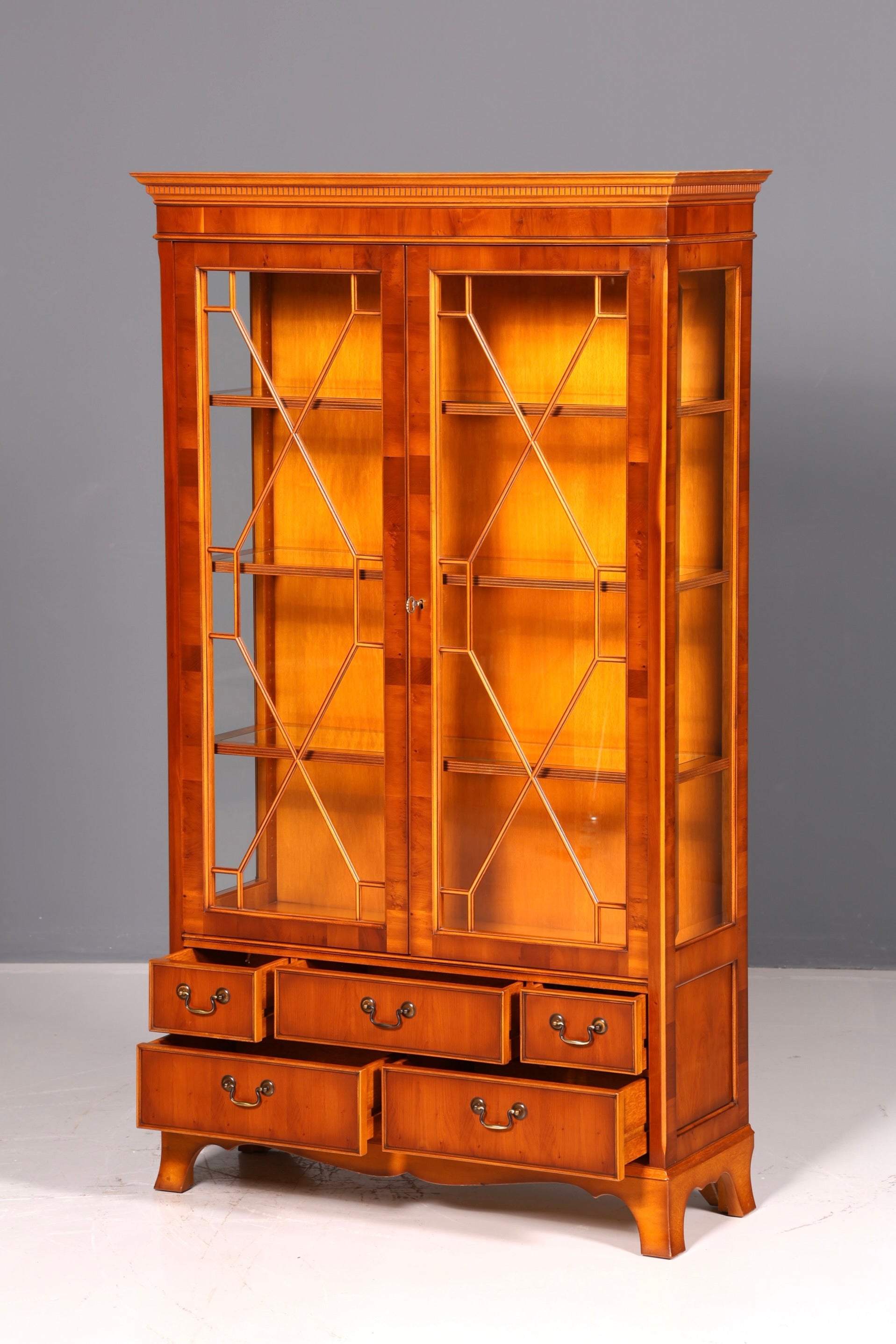 Beautiful Original Heldense Display Cabinet, English Yew Bookcase, Glass Cabinet with Lighting