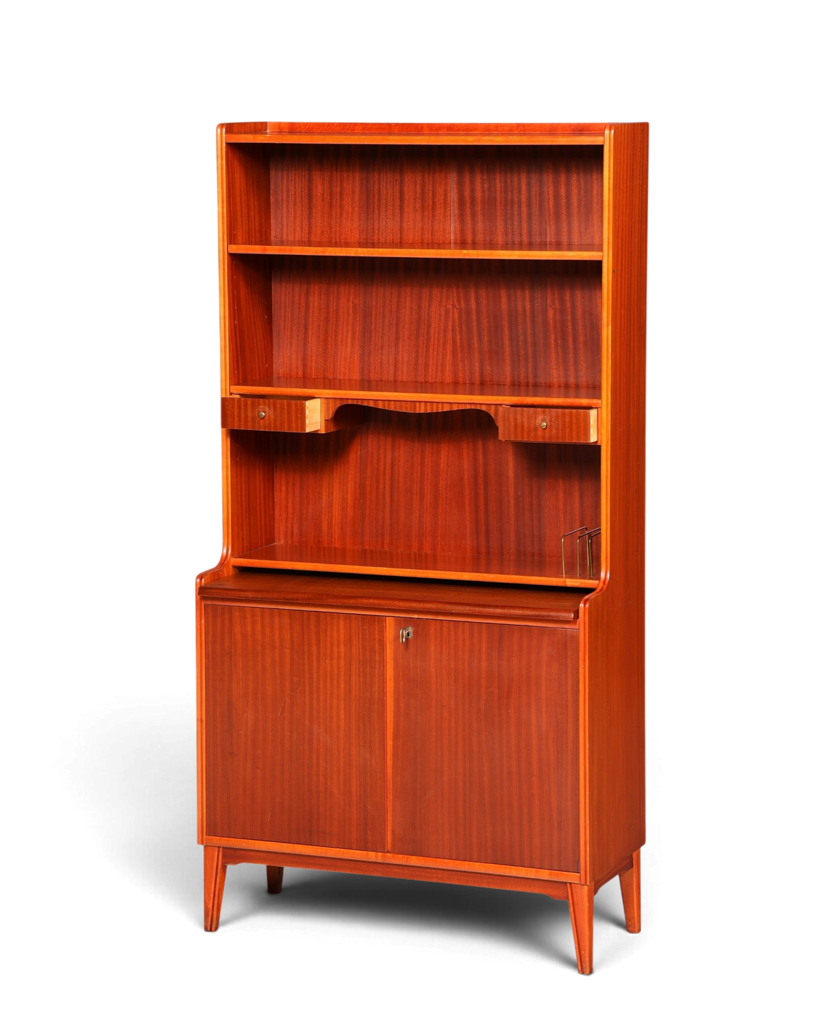 Hauptstadt Möblerei Mid Century sekreter ve kitaplık, masif ahşap, vintage tasarım, ayarlanabilir raflı ve çalışma alanlı