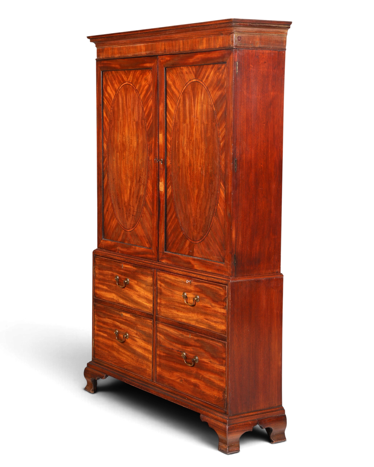 Hauptstadt Möblerei antiker englischer Wäscheschrank aus Mahagoni mit Oval-Intarsien und Schubladen um 1900