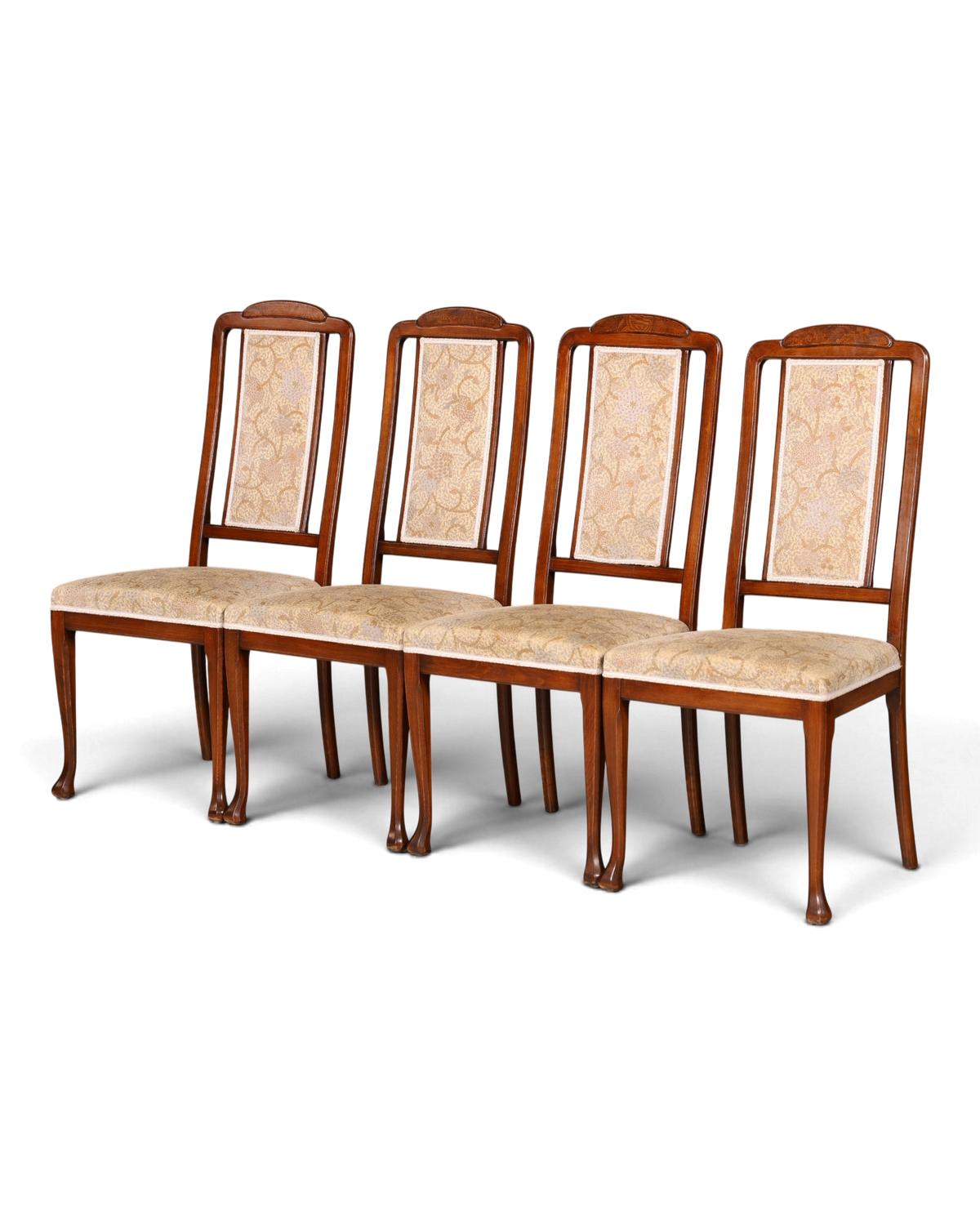 Hauptstadt Möblerei 4er Set englische Regency Esszimmerstühle aus Holz mit gemustertem Stoffbezug im Vintage Stil