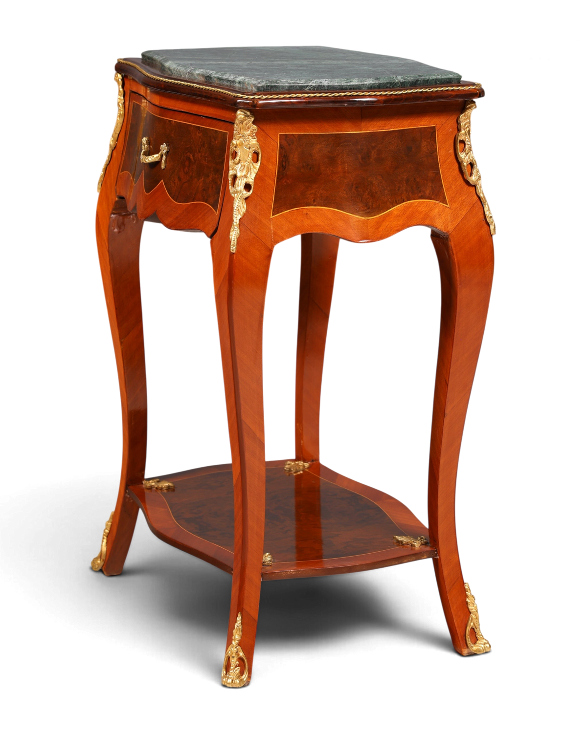 Hauptstadt Möblerei Louis XV Beistelltisch aus Holz mit Marmorplatte, Messingverzierungen und Intarsien im Barockstil