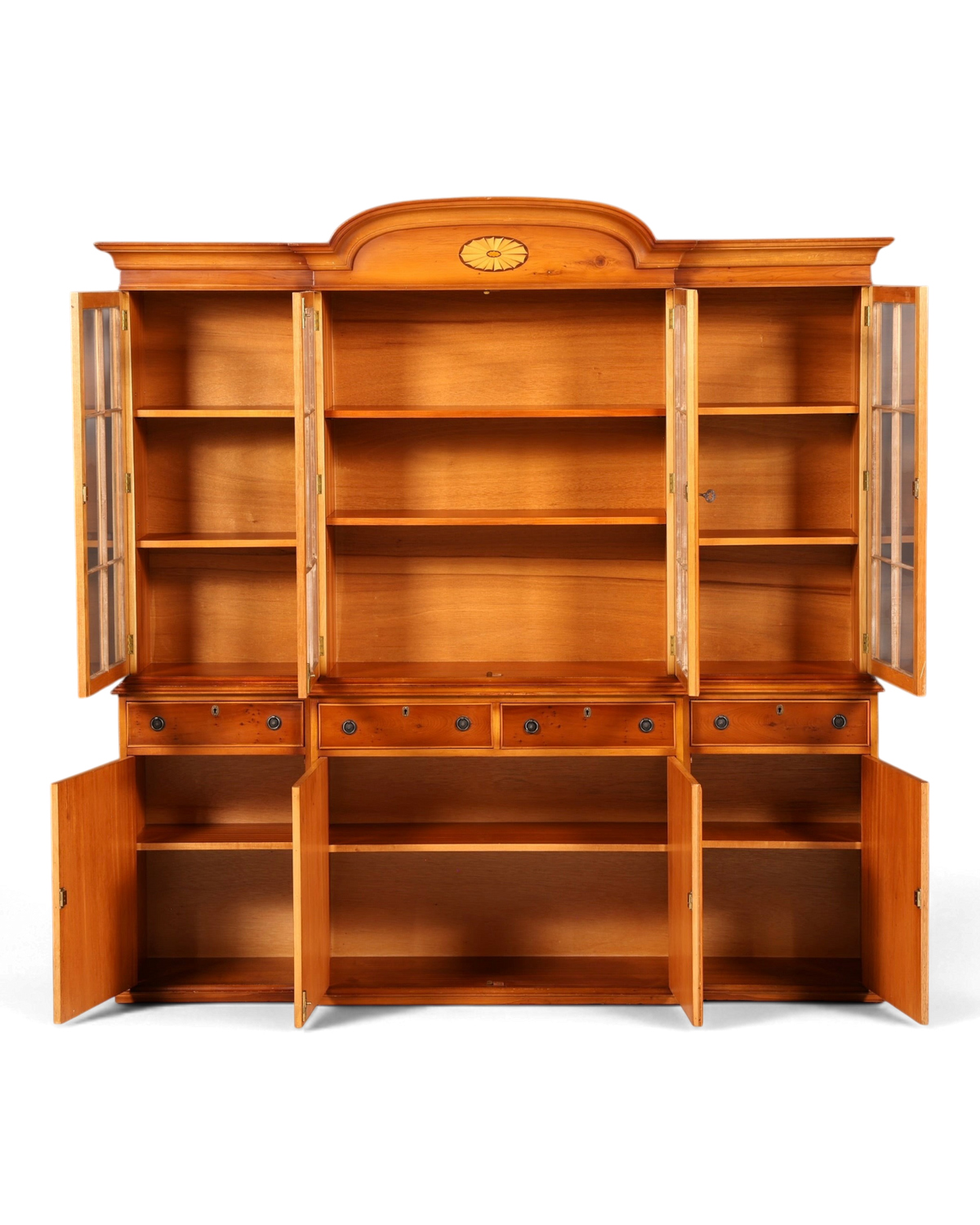 Hauptstadt Möblerei englische Vitrine aus Eibenholz mit Glasfronten, Schubladen und Intarsien im antiken Stil