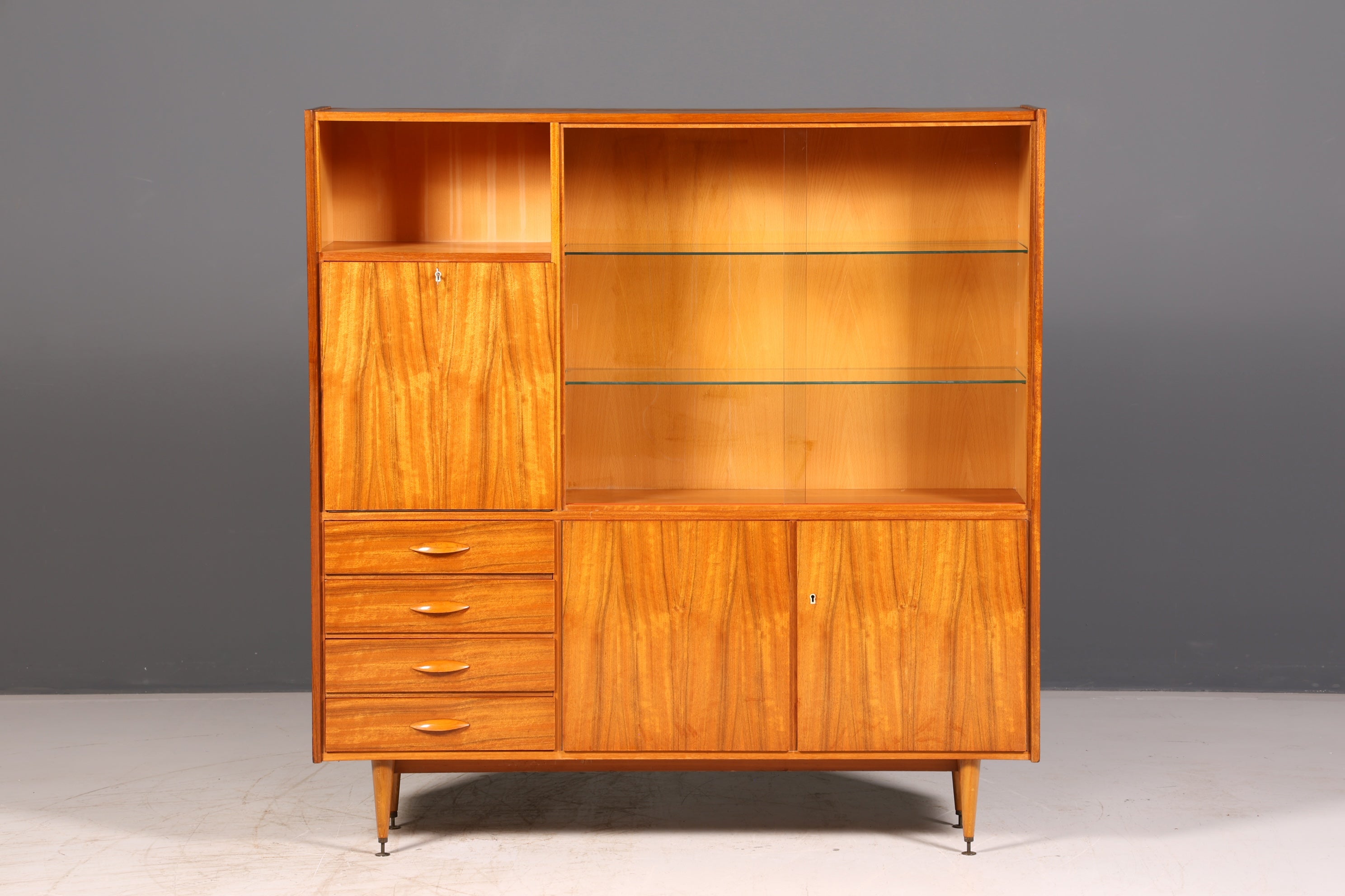 Wunderschöner Mid Century Schrank Vintage Highboard Vitrine Bücherschrank Wohnzimmerschrank Barschrank echt Holz 60er