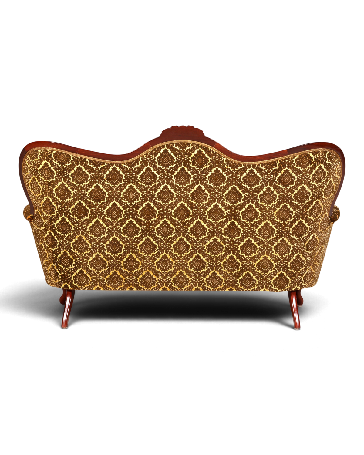 Rückansicht eines antiken Hauptstadt Möblerei Sofas mit gold-braunem Damast-Muster und dunklem Holzrahmen