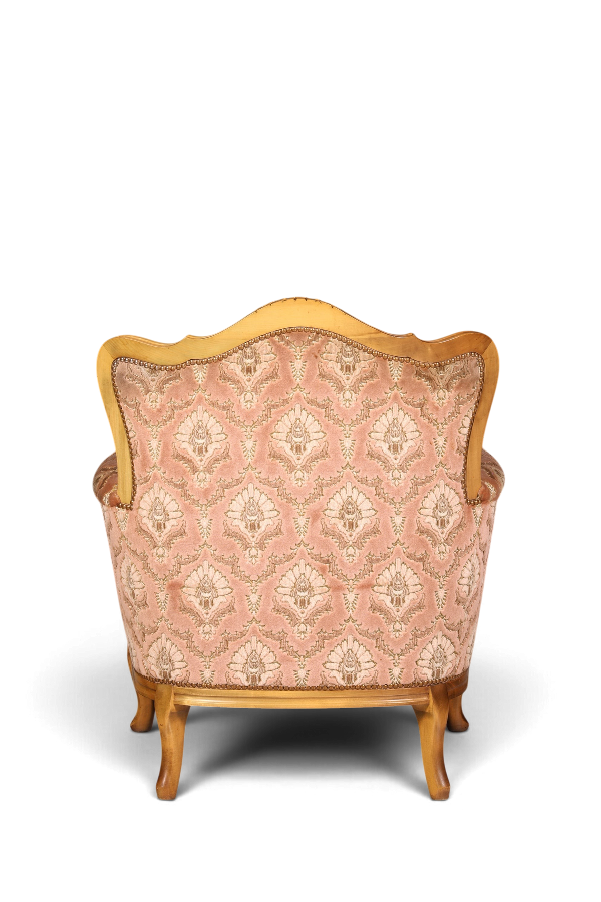 Hauptstadt Möblerei Chippendale Armlehnsessel im Barock Stil mit gemustertem rosa Samtstoff und Holzrahmen von hinten
