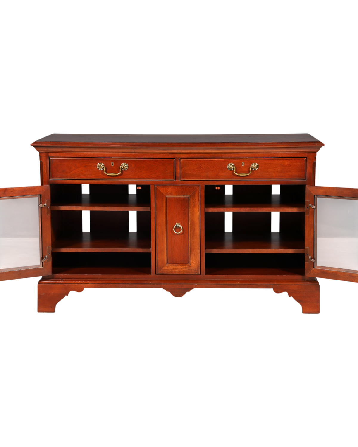 Hauptstadt Möblerei Sideboard aus dunklem Holz mit zwei Schubladen, Glasfronten und Messingbeschlägen