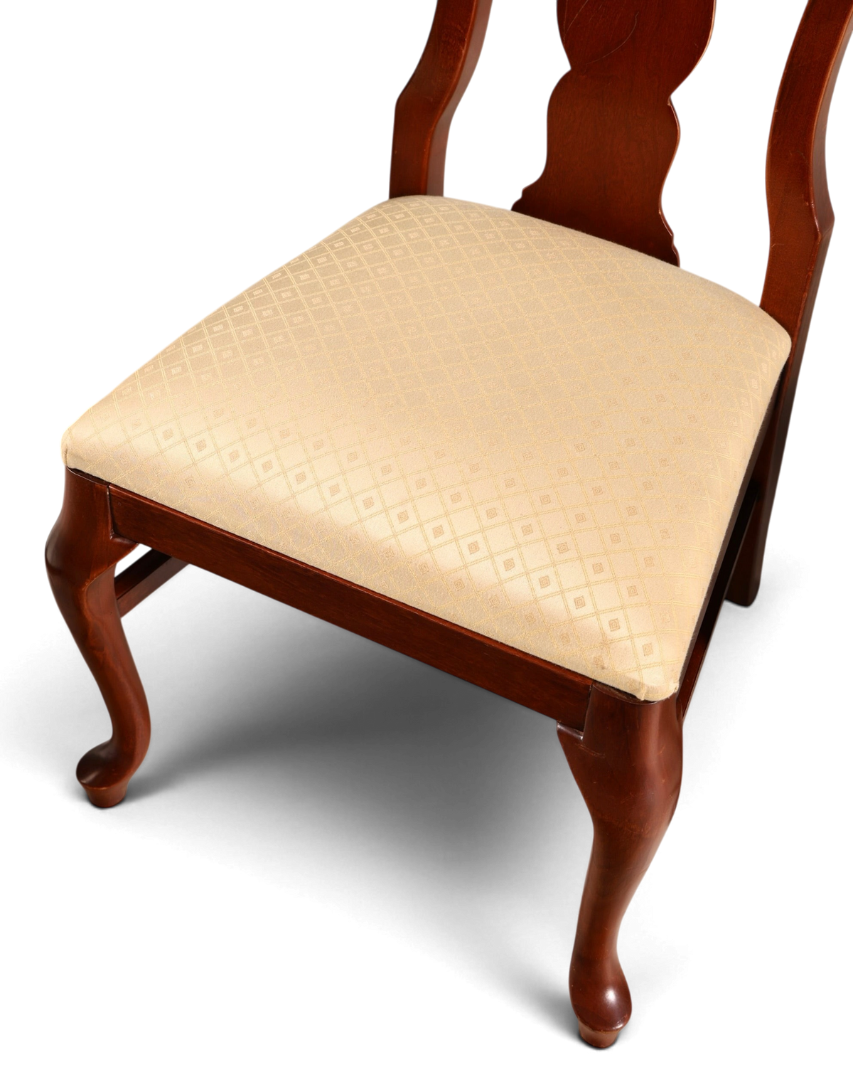 Hauptstadt Möblerei Drexel Heritage Chippendale Stuhl aus Holz mit beigem, gemustertem Polsterbezug