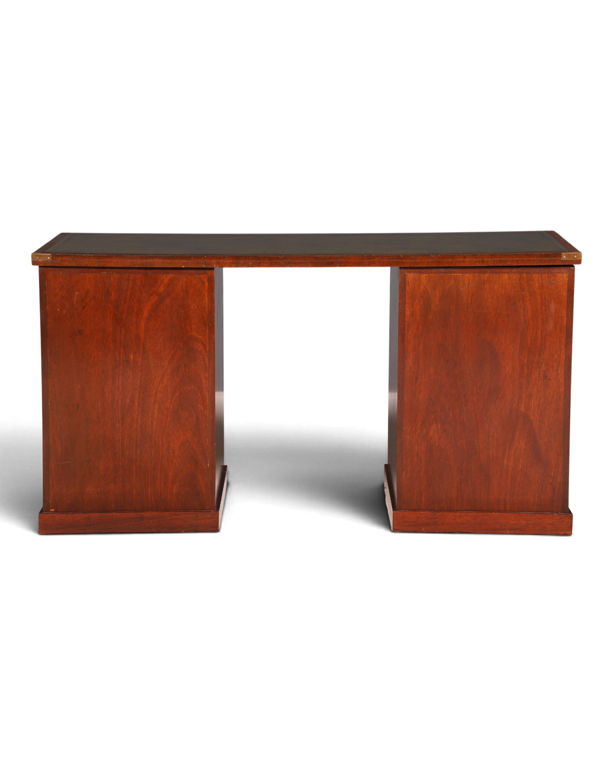 Hauptstadt Möblerei maritimer Schreibtisch im Military Chest Stil aus Holz mit dunkler Echtlederauflage und Messing