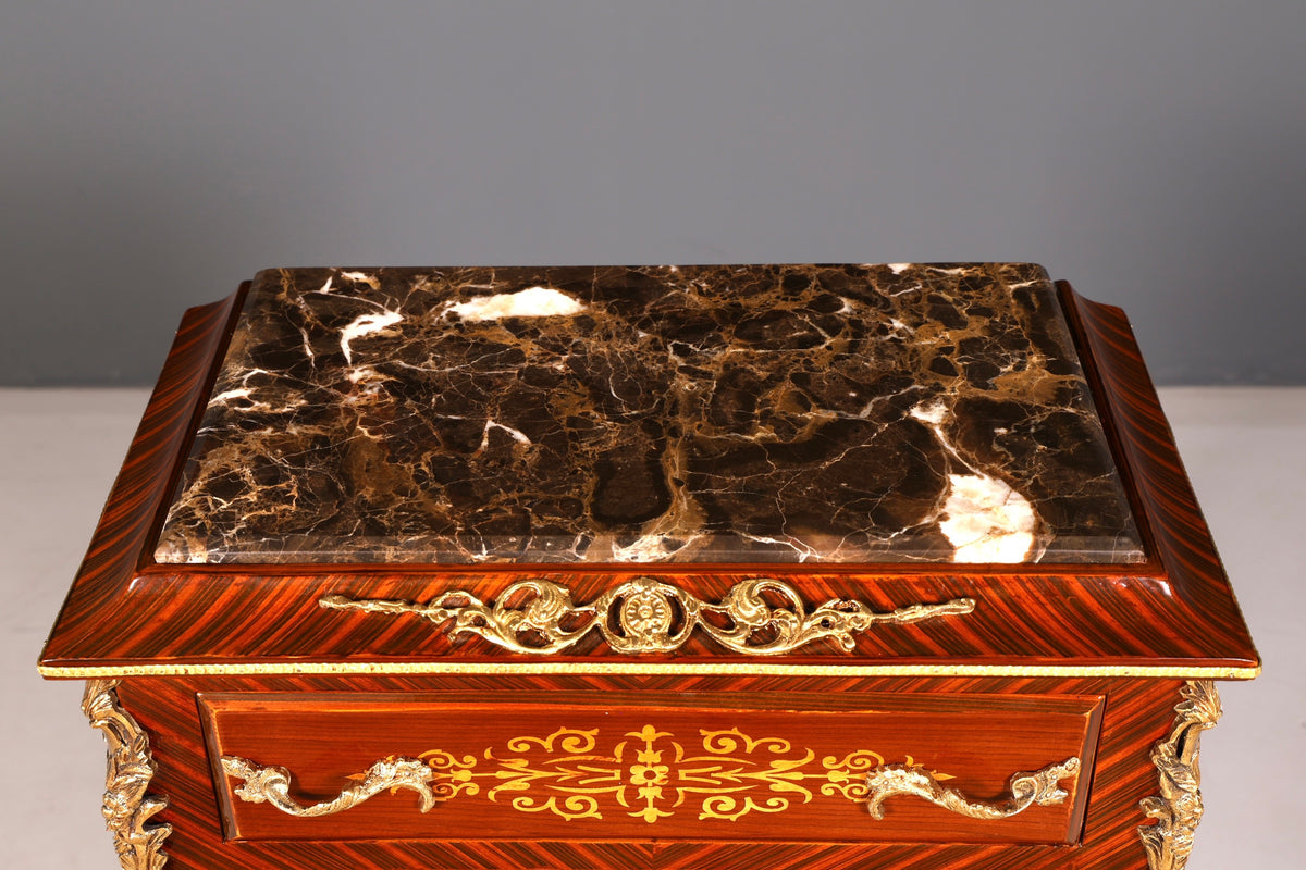 Magnifique buffet haut de style baroque Louis XV, marbre, vertiko, commode marquetée