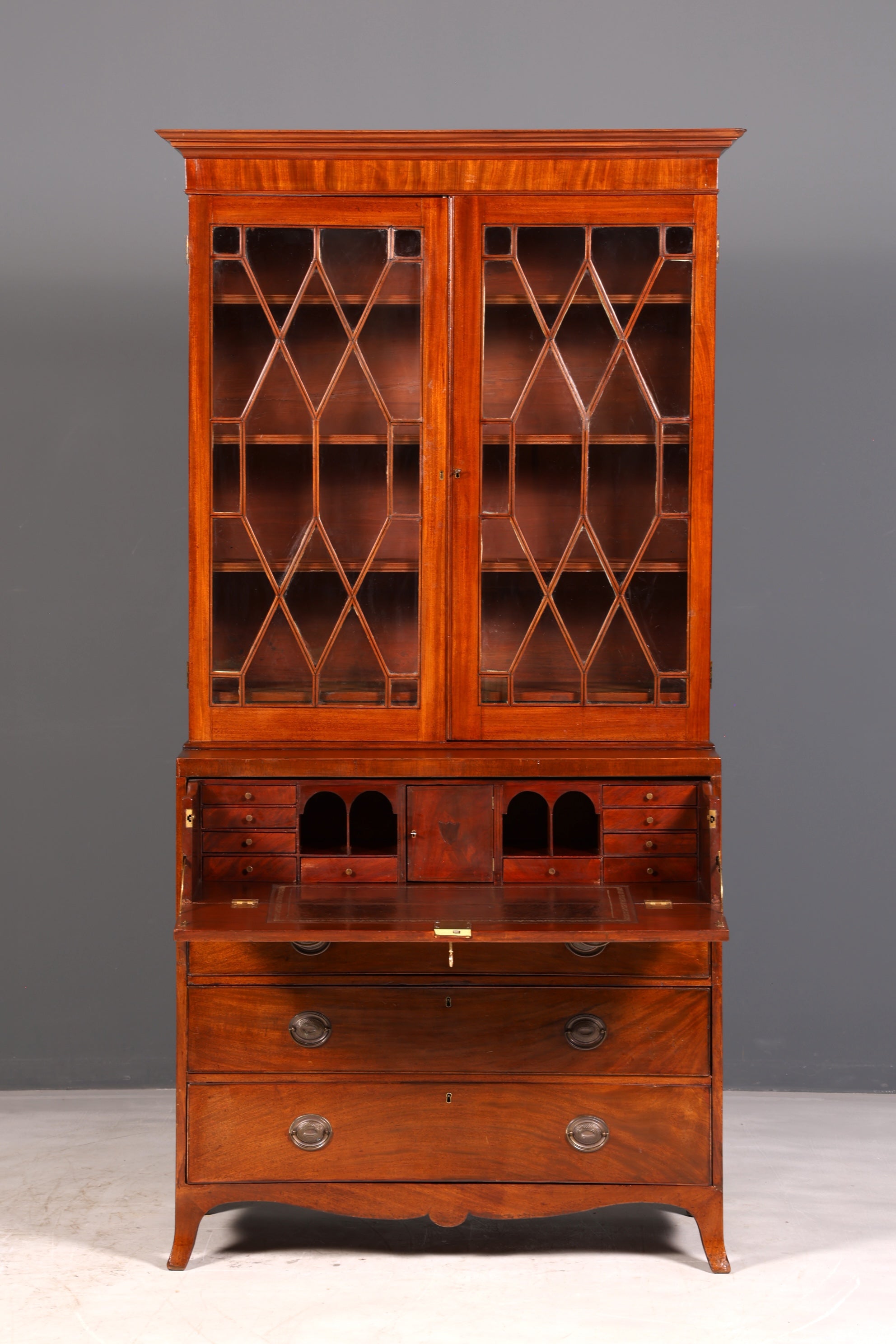 Magnifique secrétaire anglais à abattant avec partie supérieure, secrétaire ancien, bibliothèque vitrine en acajou, meuble de bureau, Royaume-Uni