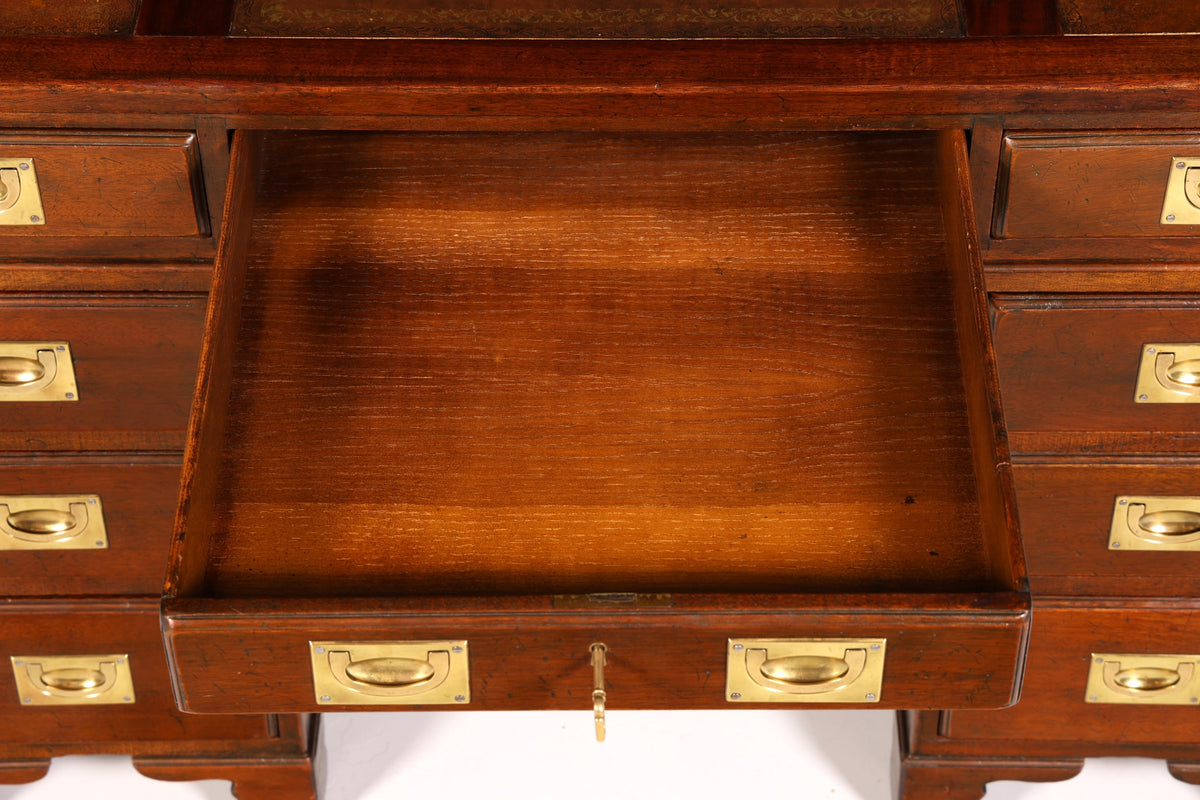 Elegant English desk, military chest, genuine leather top, office table, maritime antique vintage