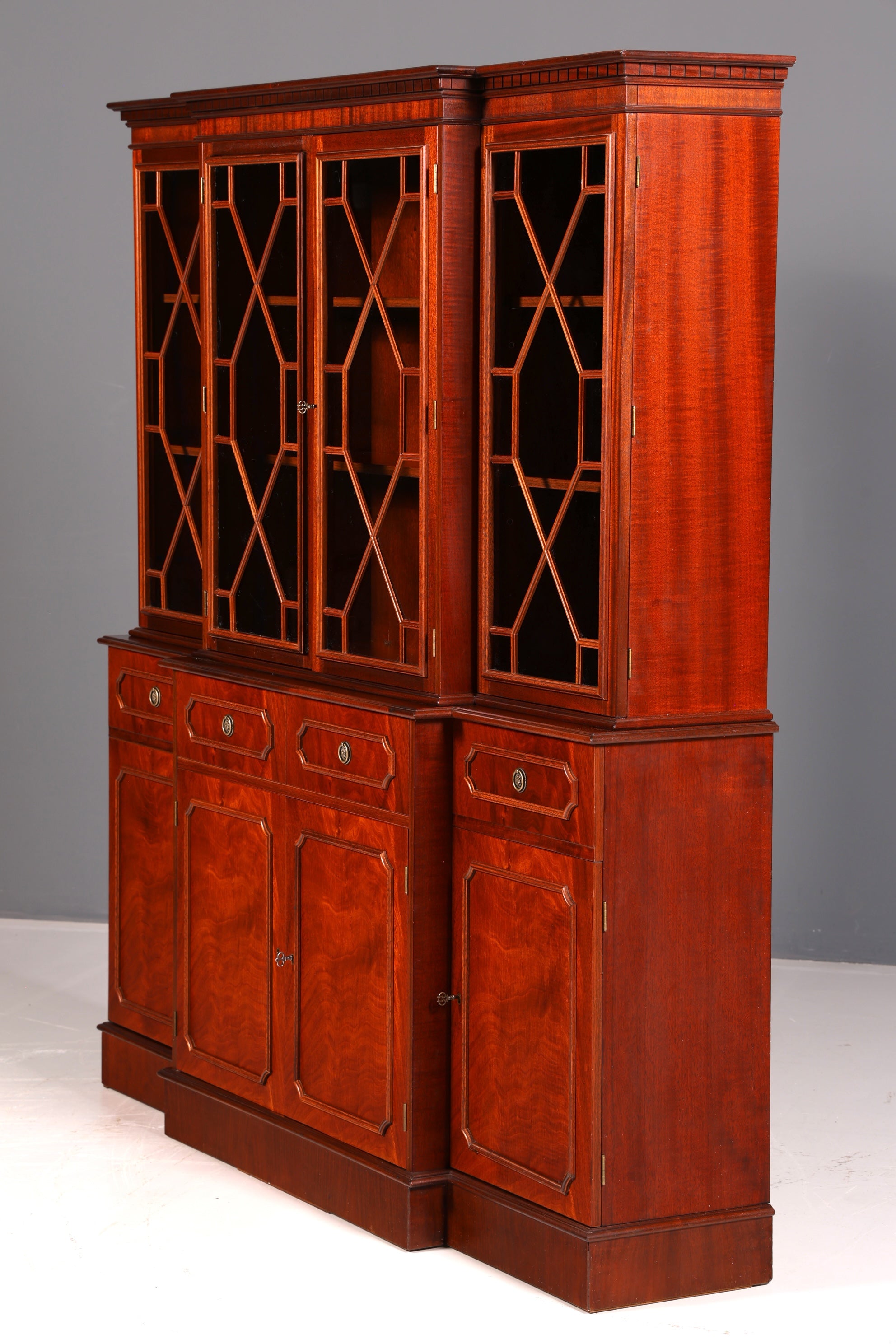 Impressionnante vitrine anglaise, bibliothèque, armoire à livres, vitrine en verre, buffet, armoire en bois véritable, antique et vintage