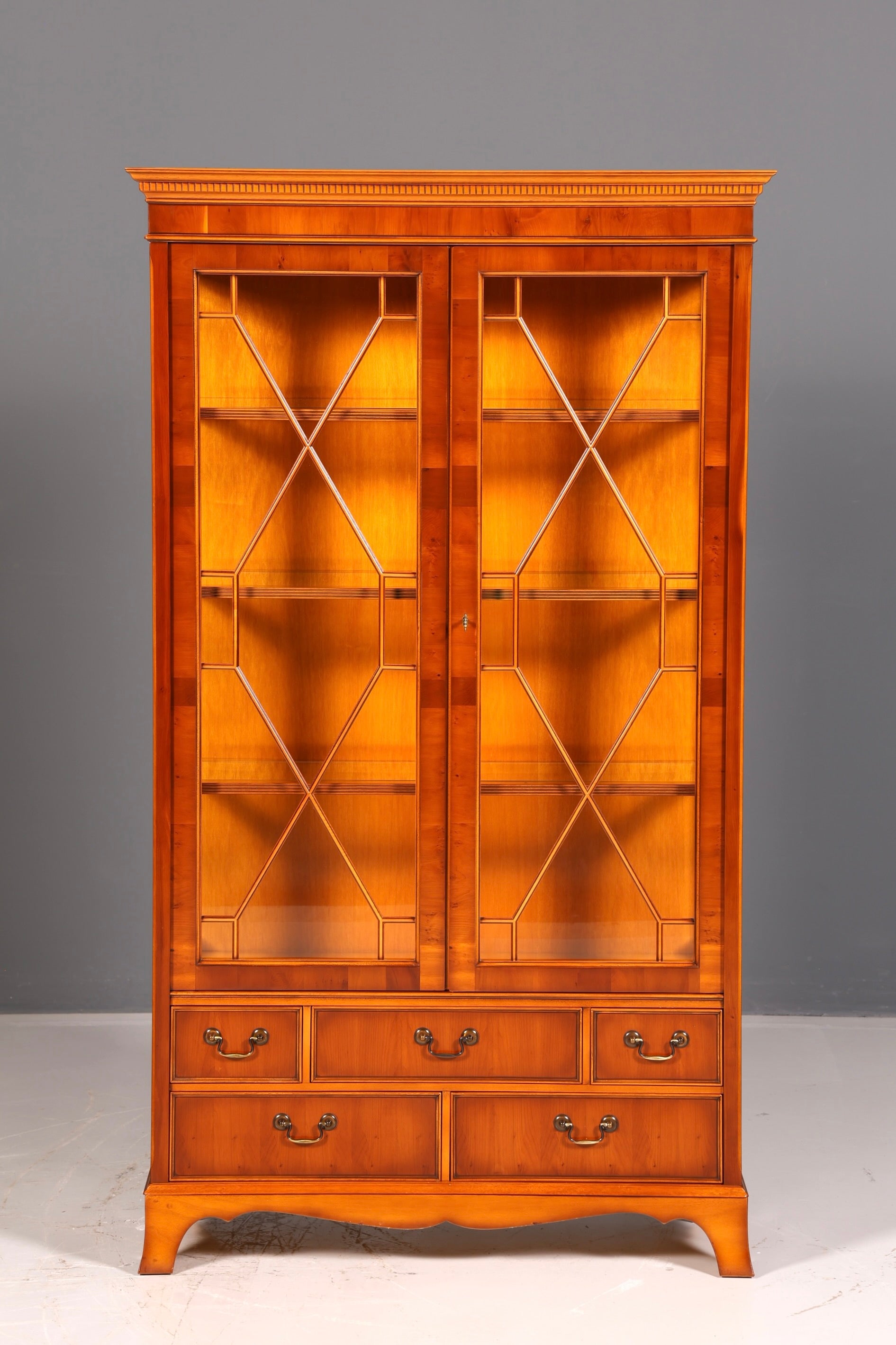 Beautiful Original Heldense Display Cabinet, English Yew Bookcase, Glass Cabinet with Lighting