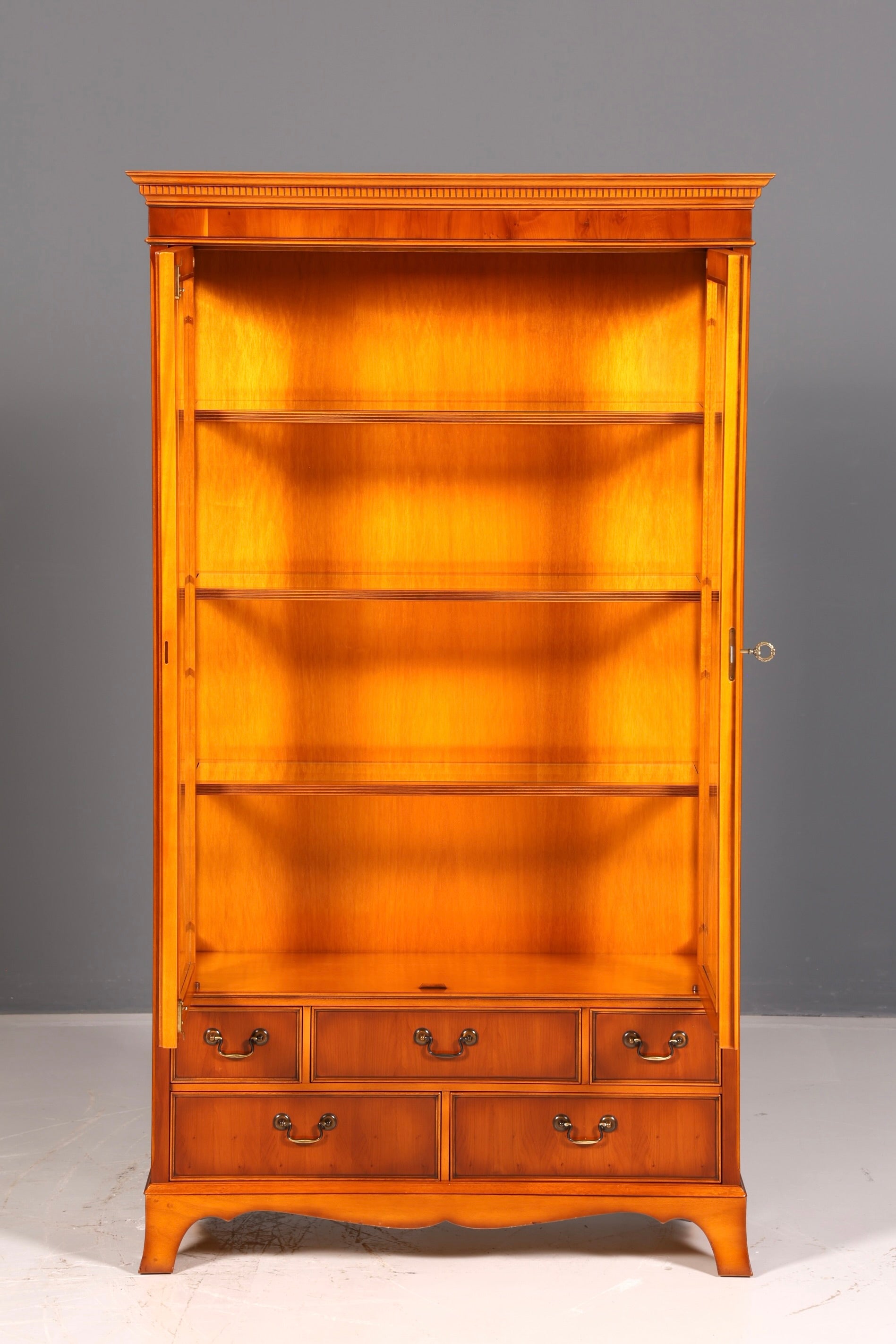 Beautiful Original Heldense Display Cabinet, English Yew Bookcase, Glass Cabinet with Lighting