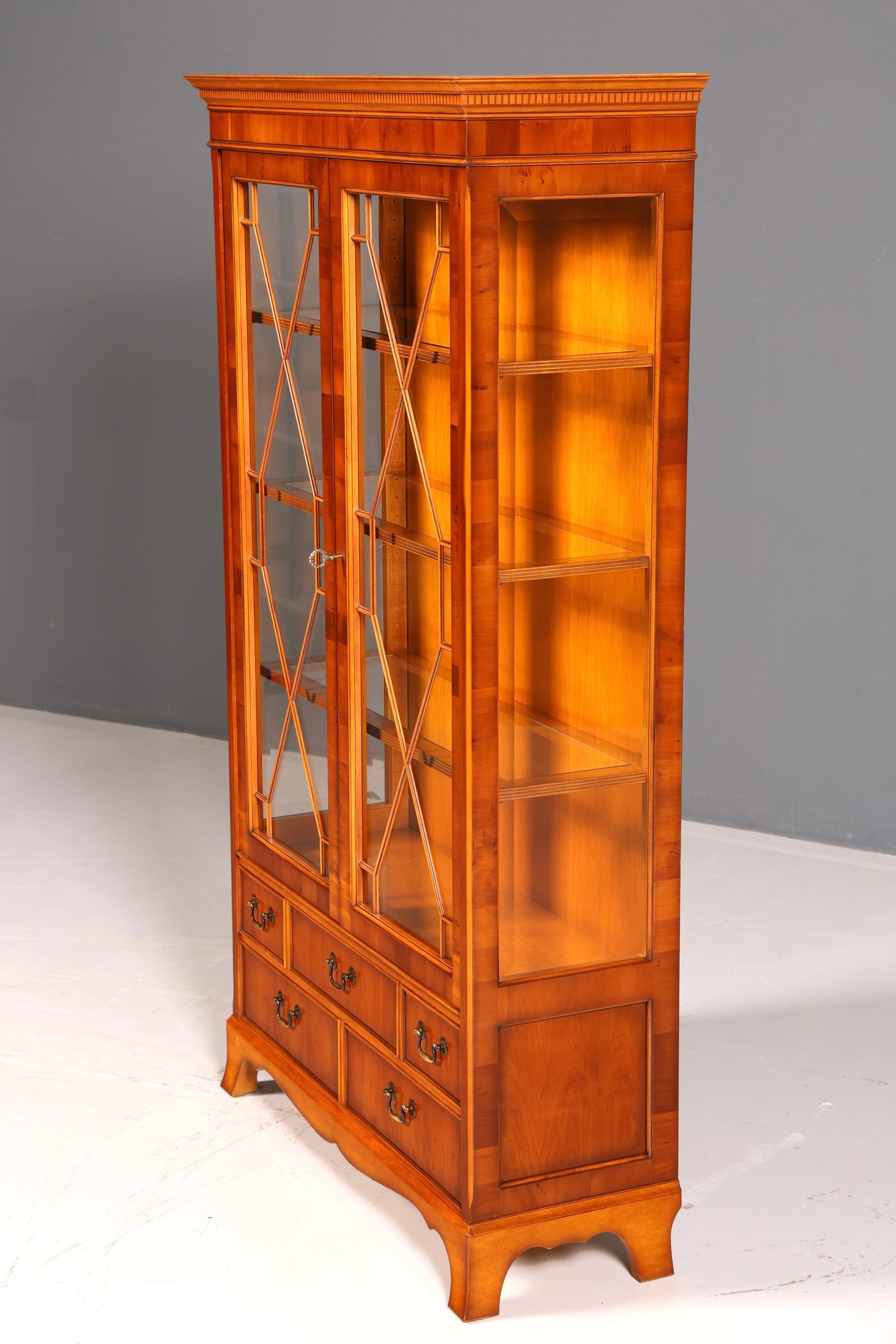 Beautiful Original Heldense Display Cabinet, English Yew Bookcase, Glass Cabinet with Lighting