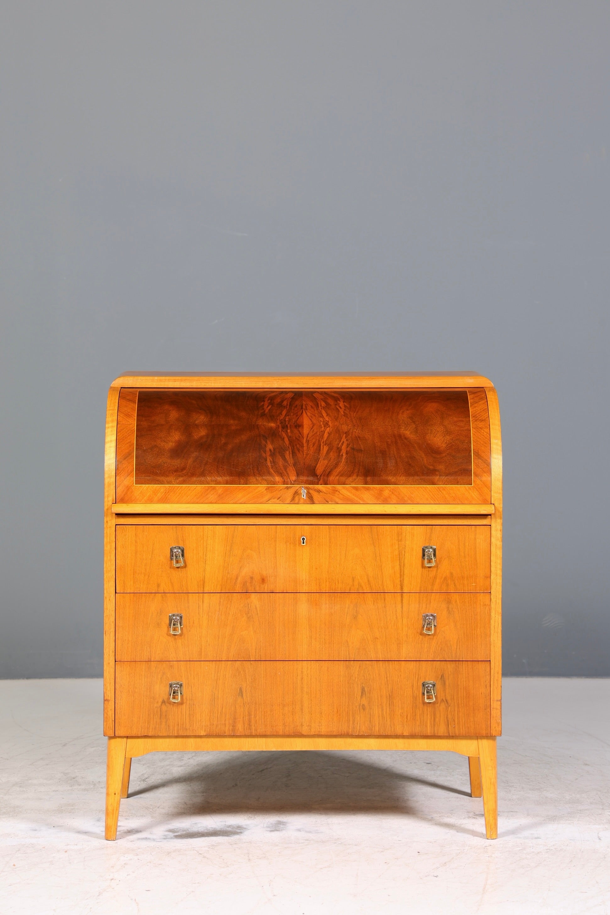 Schlichter Mid Century Rollladen Sekretär echt Holz Büro Schrank Vintage Schreibkommode