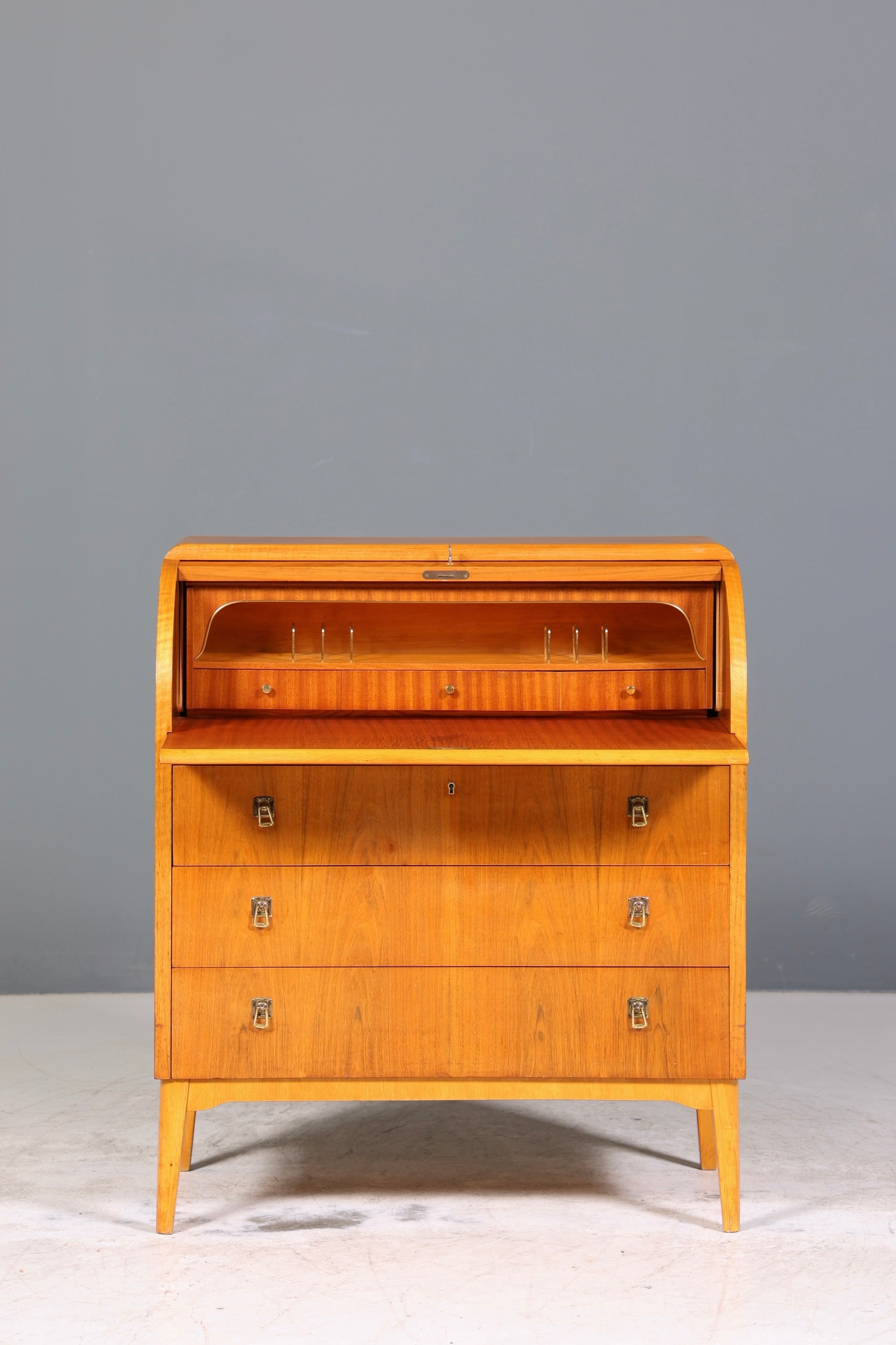 Schlichter Mid Century Rollladen Sekretär echt Holz Büro Schrank Vintage Schreibkommode