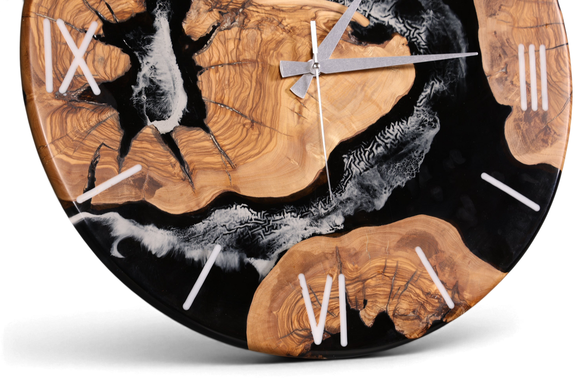 Beeindruckende Handgefertigte XXL Epoxidharz Uhr Olivenbaum Wanduhr Epoxy Analog Uhr