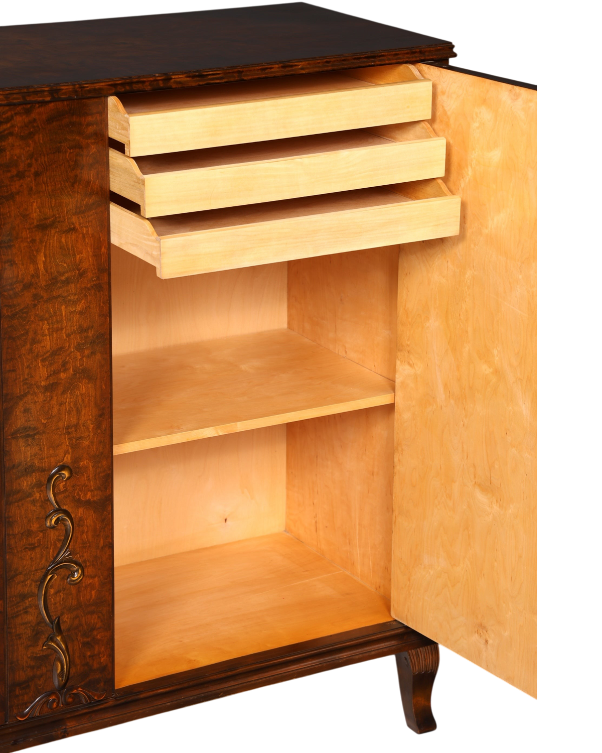 Hauptstadt Möblerei Art Deco Schrank aus Massivholz mit offenen Schubladen und Regalböden, ca. 1930