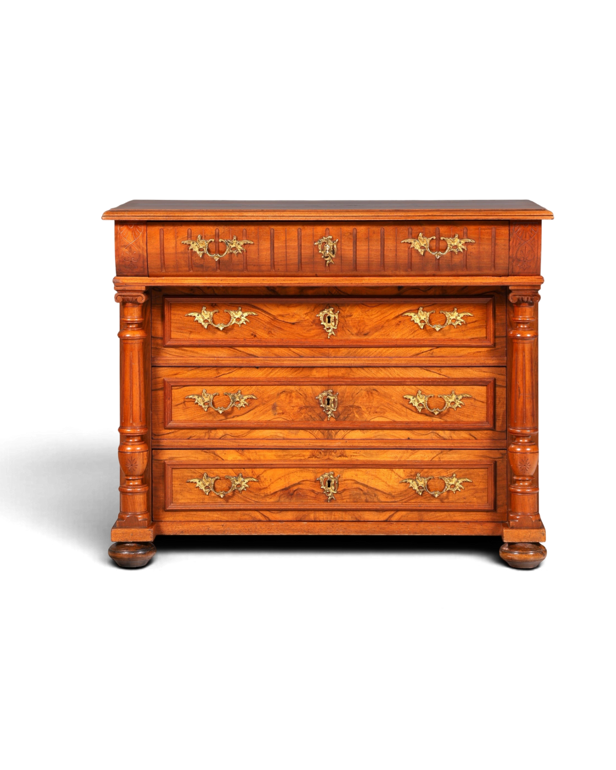 Hauptstadt Möblerei antike Louis Philippe Kommode aus massivem Holz mit dekorativen Messingbeschlägen um 1890