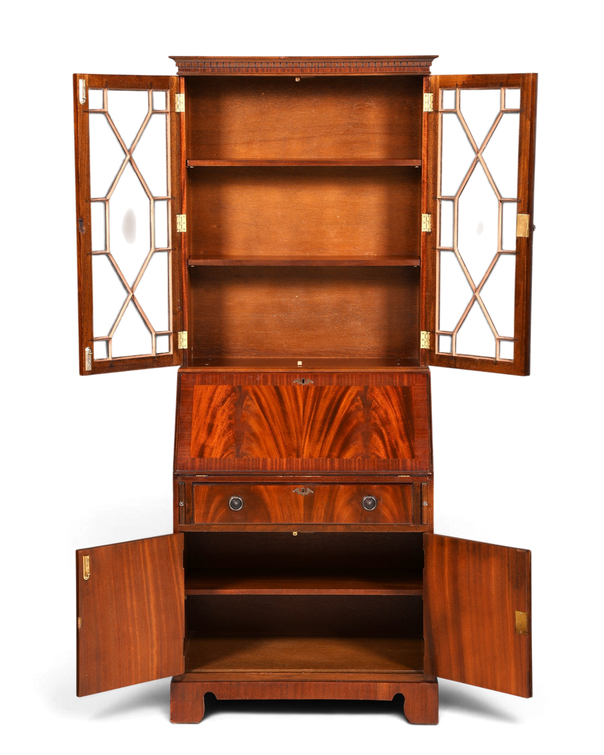 Hauptstadt Möblerei englischer Aufsatzsekretär aus edlem Holzfurnier im Antik-Stil mit Vitrinenteil und Schreibklappe