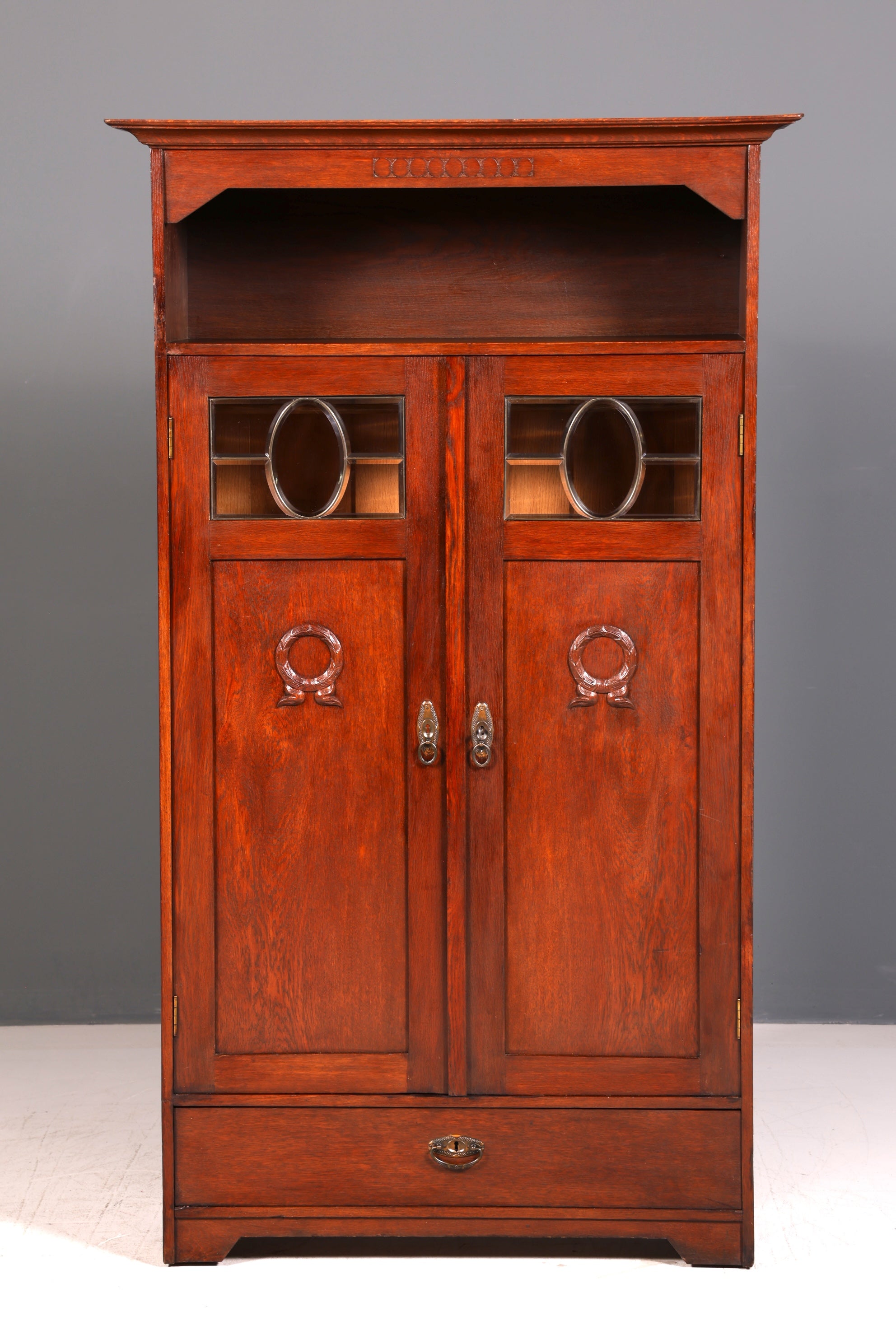Traumhafte Jugendstil Vitrine Eiche Antik Bücherschrank Geschirrschrank Massiv Holz Glasvitrine Vitrinenschrank Vintage