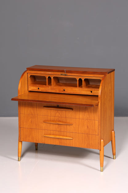 Magnifique secrétaire à rideau Mid-Century, commode de bureau, armoire vintage des années 60 en bois