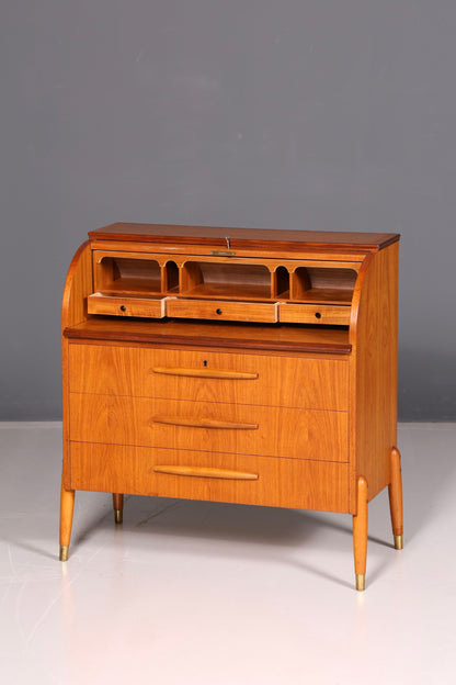 Magnifique secrétaire à rideau Mid-Century, commode de bureau, armoire vintage des années 60 en bois